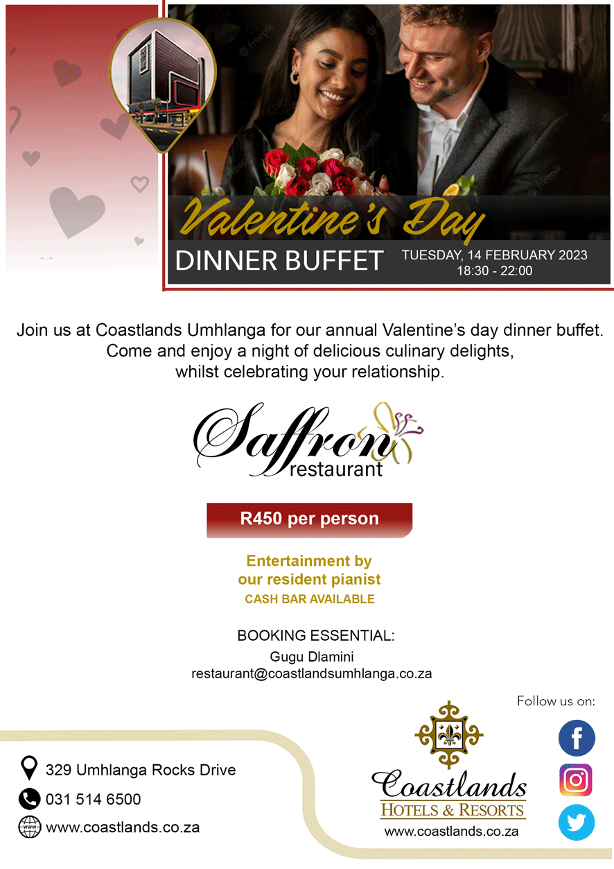 Valentines Day Dinner, Saffron Restaurant, Coastlands Umhlanga Hotel
