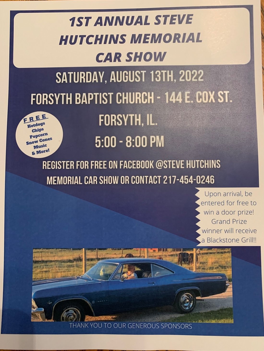 Steve Hutchins Memorial car show, Forsyth Baptist Church, August 13