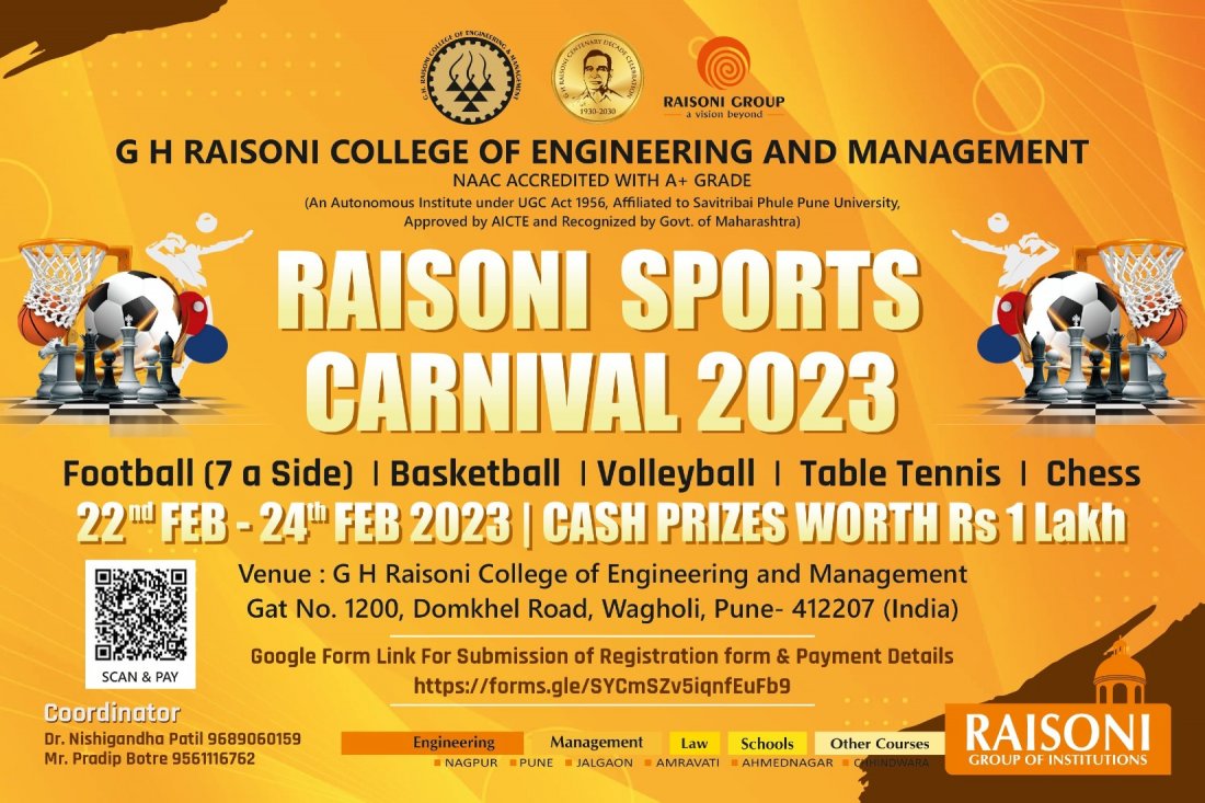 Raisoni Sports Carnival 2023, "G H Raisoni College of Engineering and Management Gat No. 1200