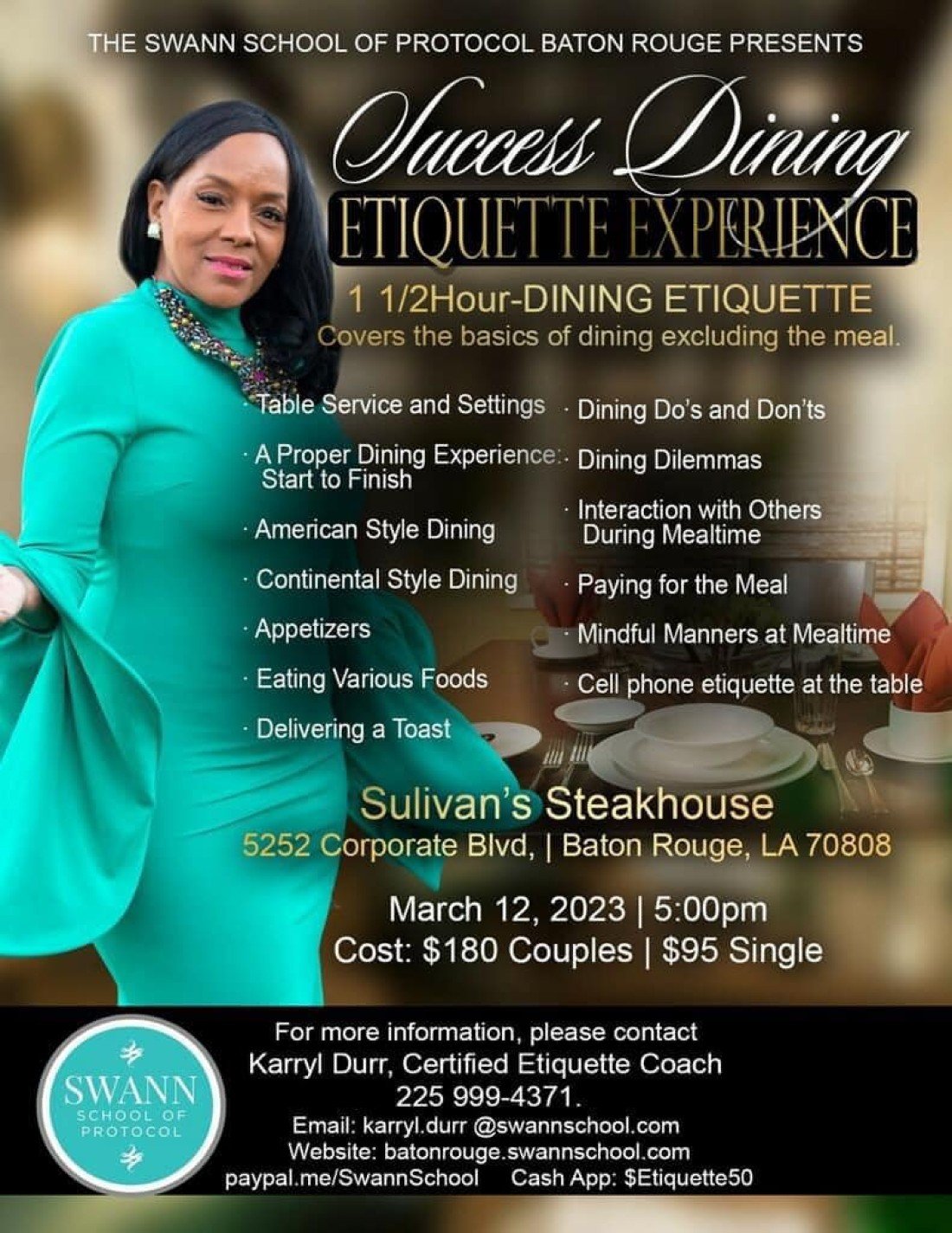 Success Dining Etiquette Experience , Sullivan's Steakhouse , Baton Rouge, March 12 2023