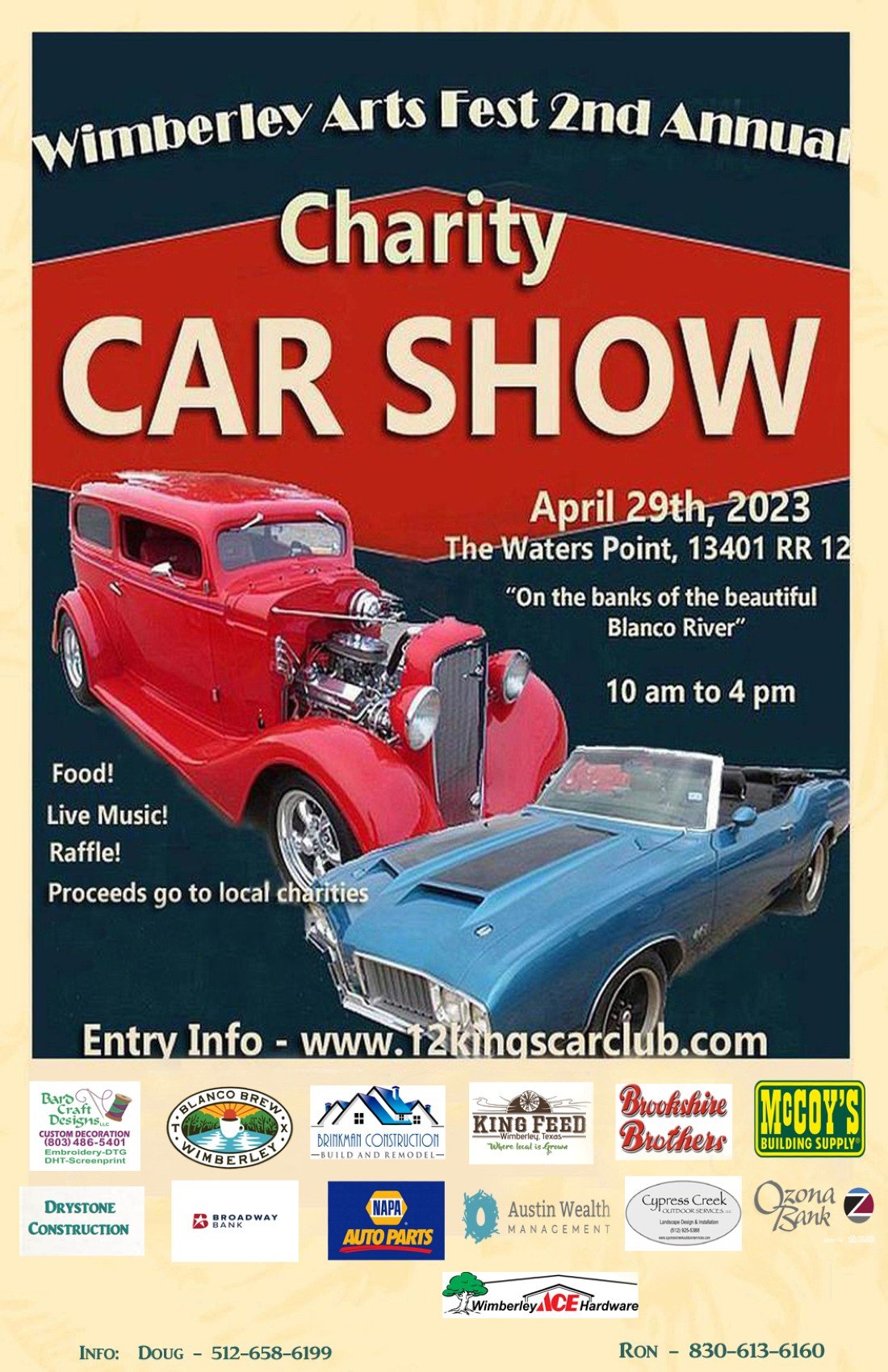 2nd Annual Wimberley Arts Fest Charity Car Show, The Waters Point, Wimberley, April 29 2023