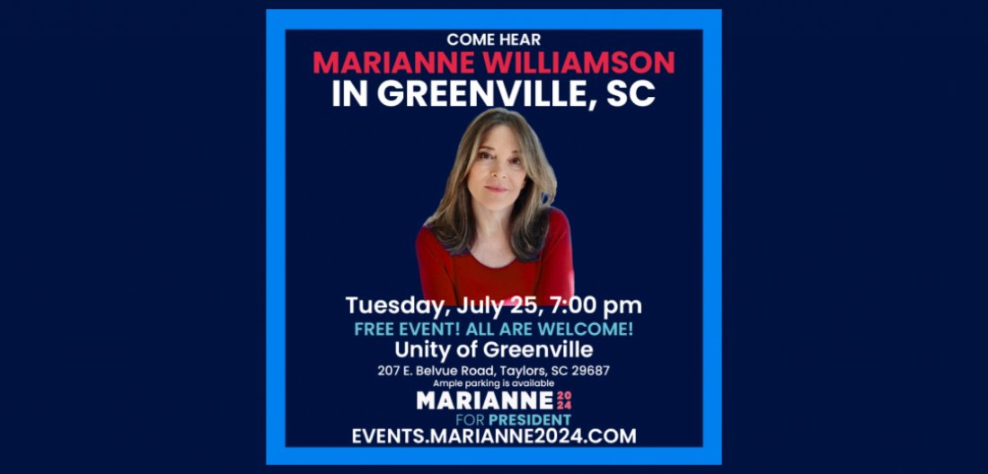 Marianne Williamson Returns to Greenville SC, Unity of Greenville