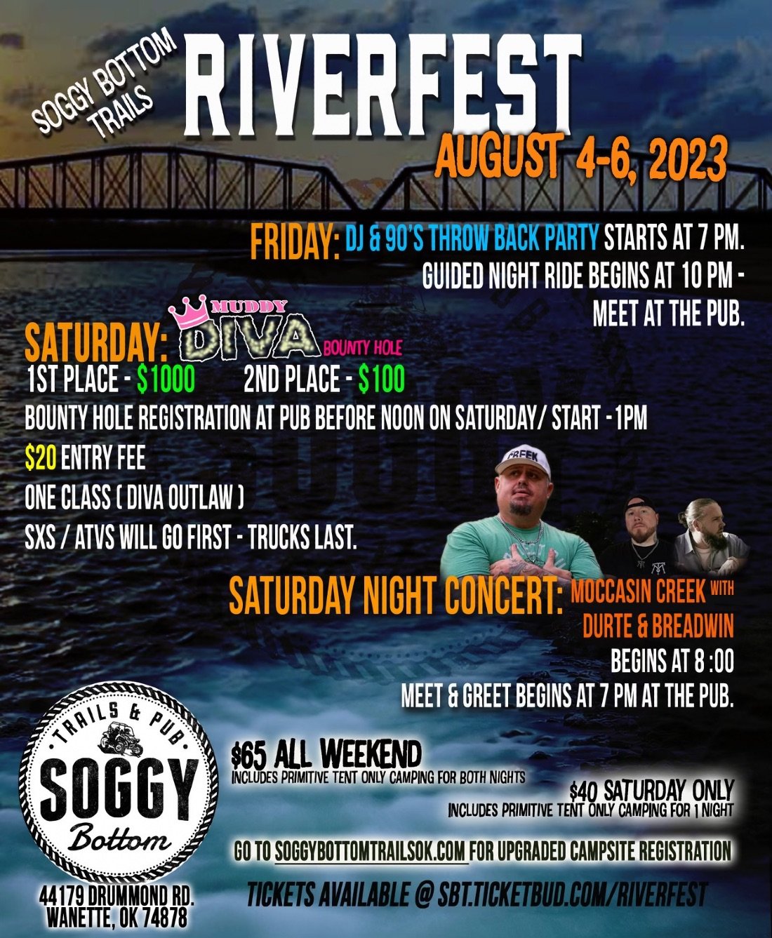 Riverfest Moccasin Creek, DJ 90s Throwback Party & Muddy Diva Bounty Hole, Soggy Bottom Trails