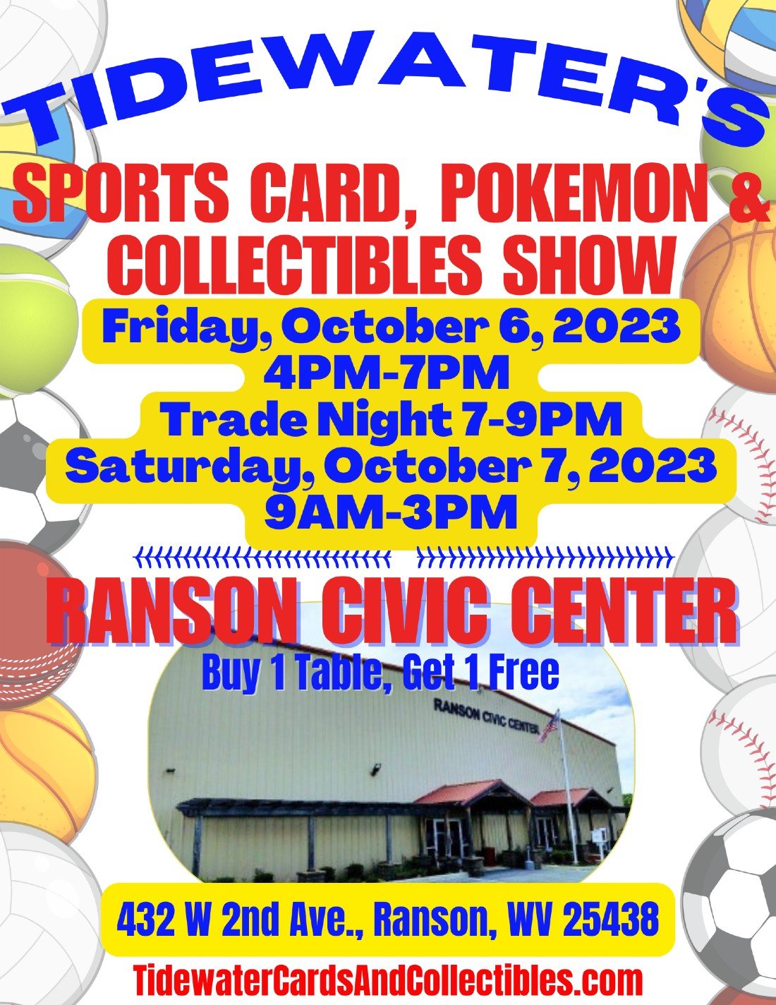 Tidewaters 2Day Sports Card, Pokemon & Hobby Show Tickets, Ranson Civic Center, October 6 to