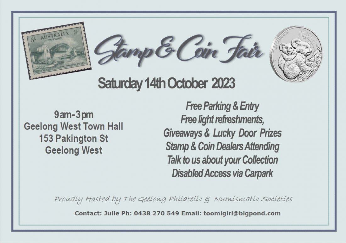 Geelong Stamp and Coin Fair, Geelong West Town Hall, 14 October