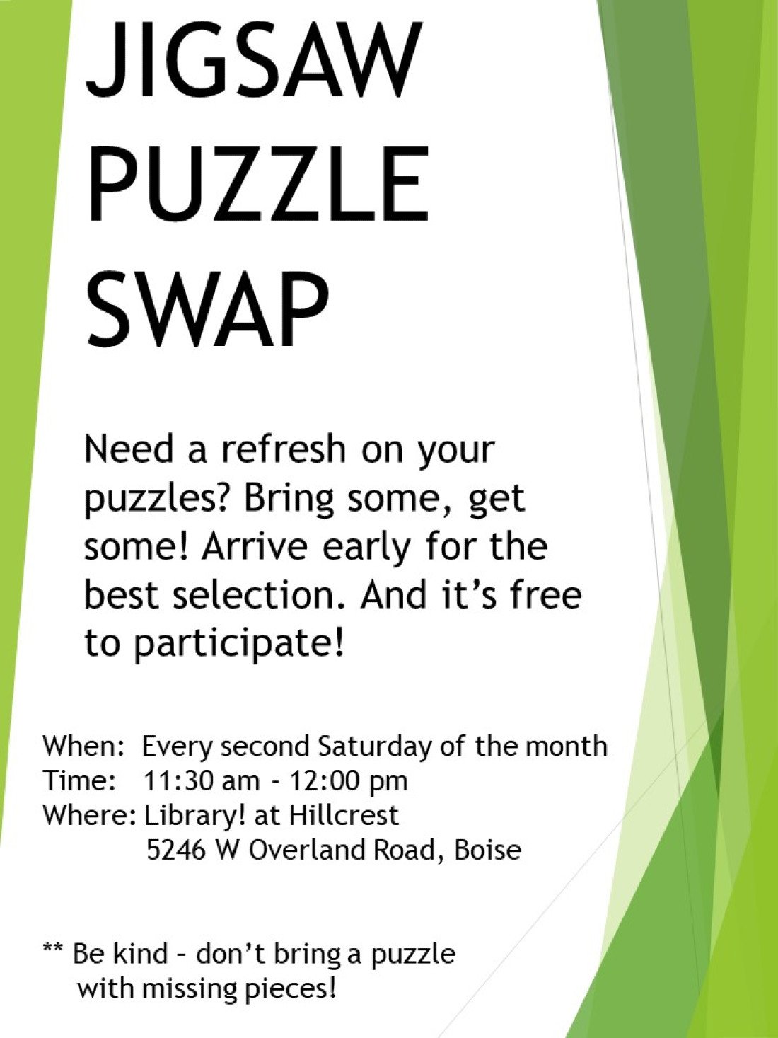Free Jigsaw Puzzle Swap Tickets, Library! at Hillcrest, Garden City