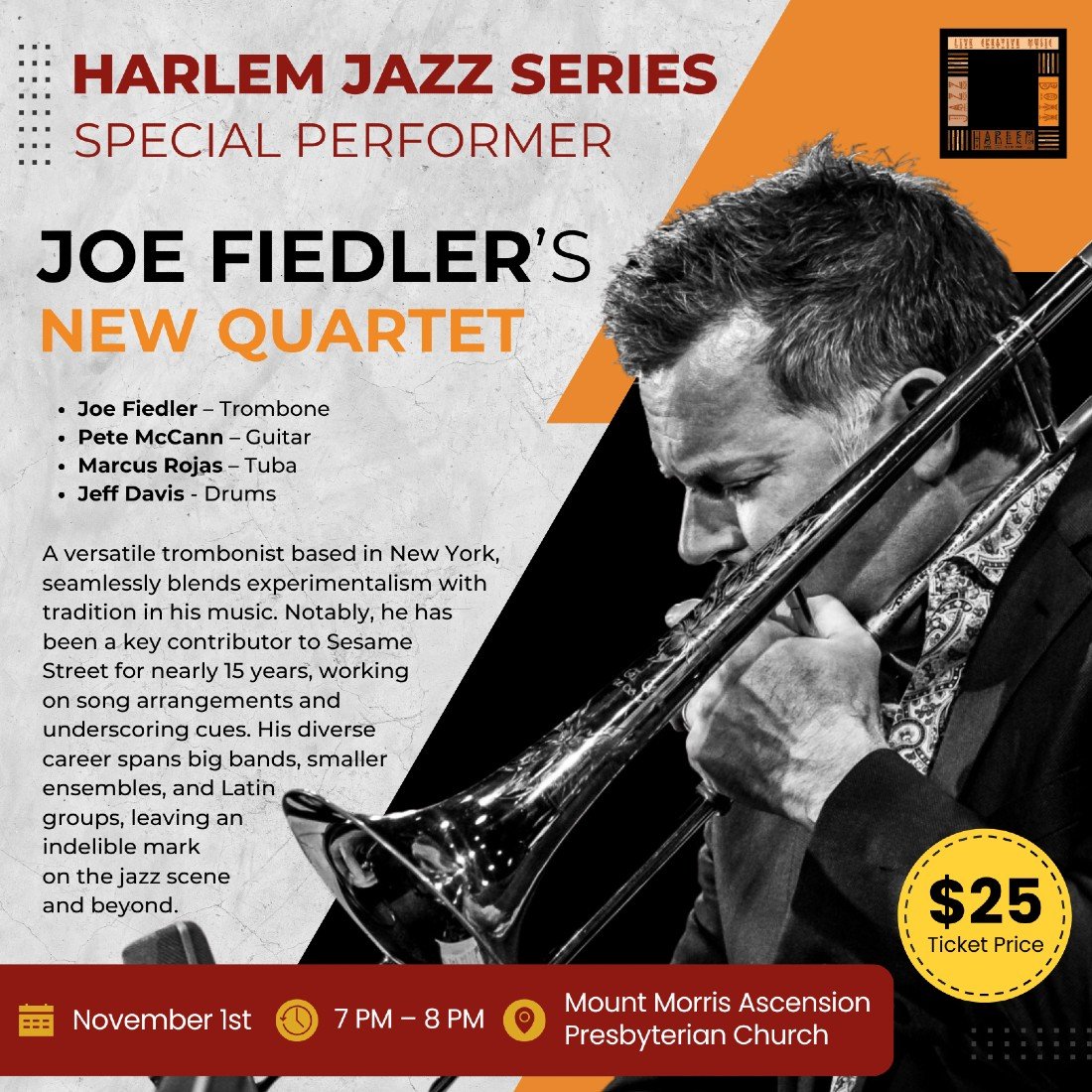 Harlem Jazz Series Joe Fiedler’s New Quartet Tickets, Mount Morris Ascension Presbyterian