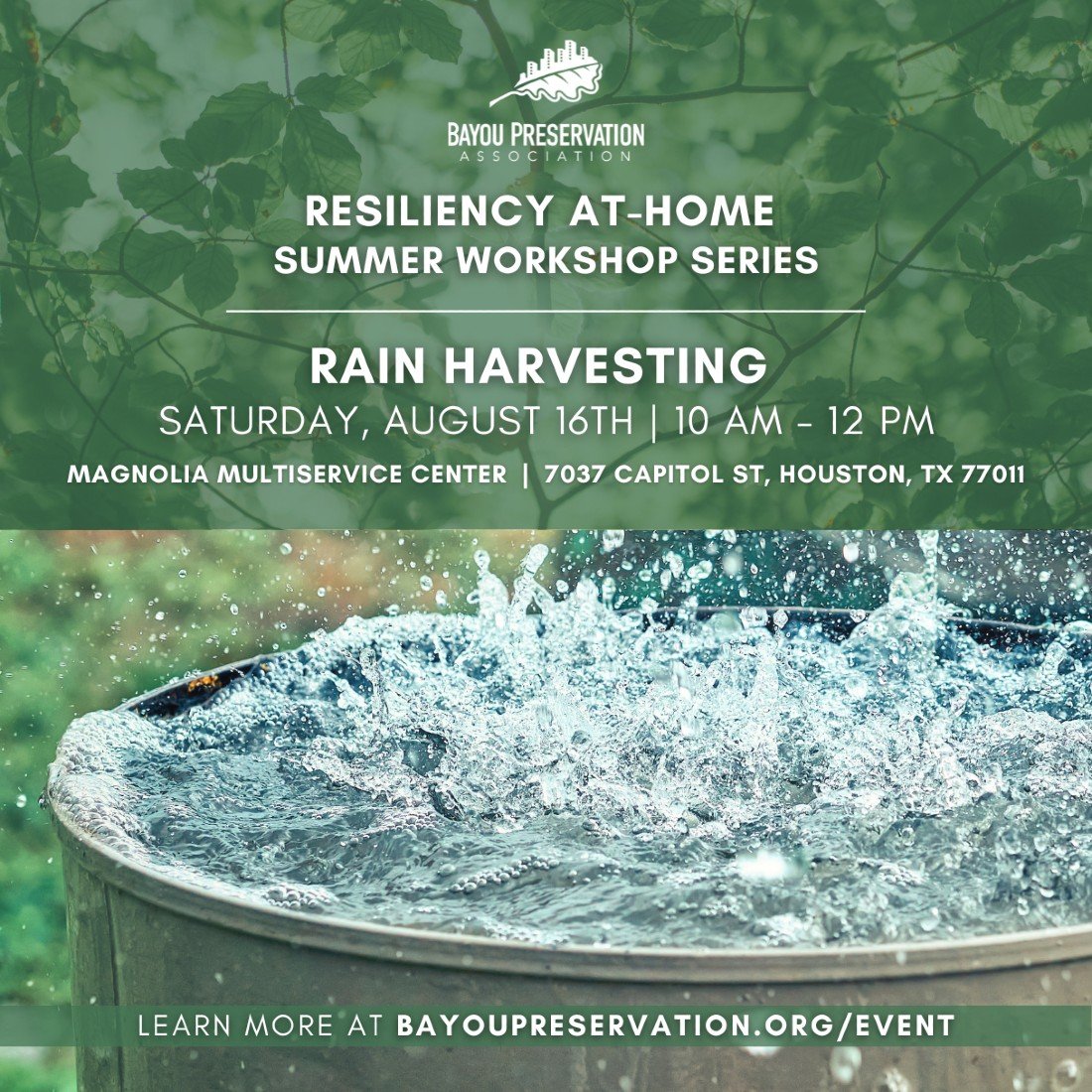Bayou Preservation’s Resiliency At-Home Summer Workshop Series: Rainwater Harvesting, 16 August | AllEvents