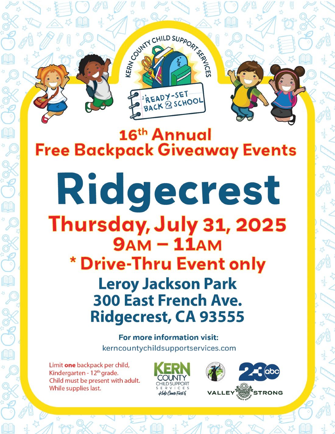 16th Annual Ready-Set Back 2 School Backpack Giveaway Events, 31 July | Event in Ridgecrest | AllEvents