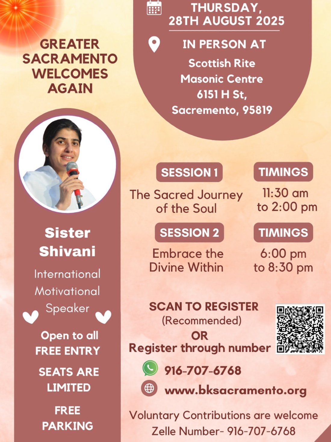 Greater Sacramento Welcomes Again Sister Shivani Session 2, 28 August | Event in Sacramento | AllEvents