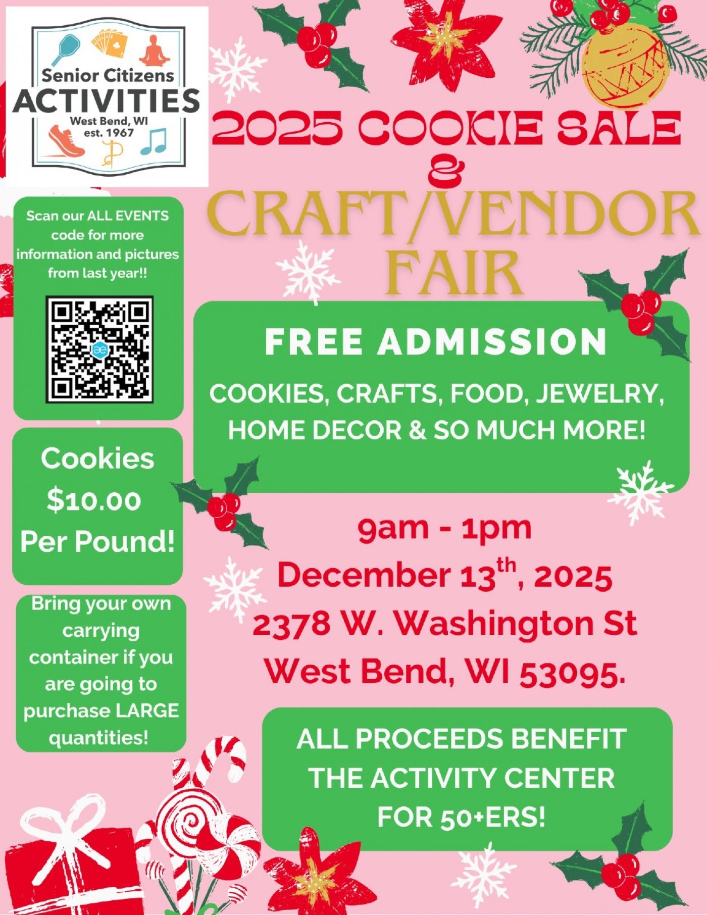 Senior Citizens Activities Inc. 2025 Annual Cookie Walk & Vender/Craft Sale!, 13 December | Event in West Bend