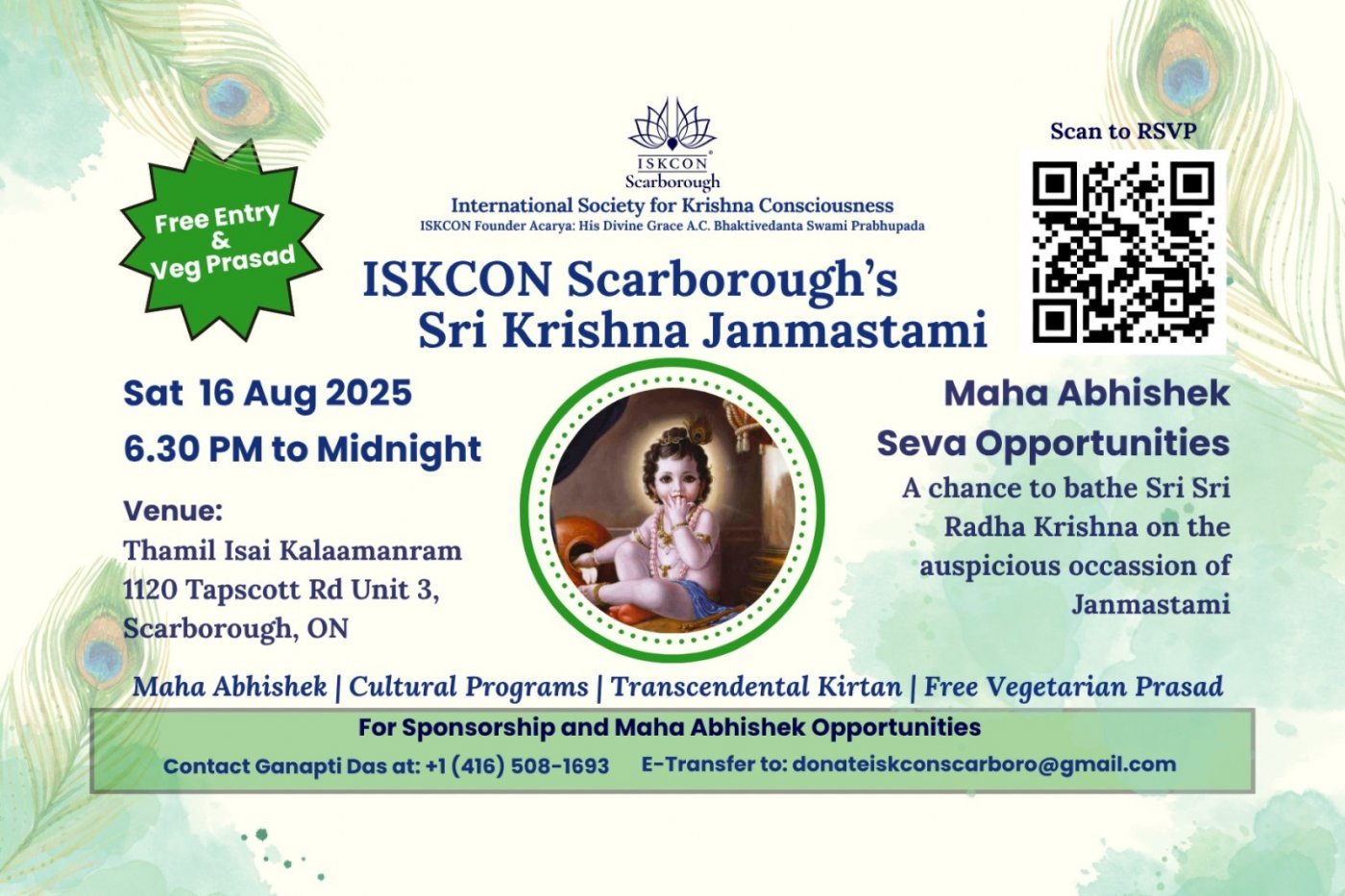 ISKCON Scarborough's Janmastami @Thamil Isai Kala Manram 1120 Tapscott Rd, 16 August | Event in Toronto | AllEvents