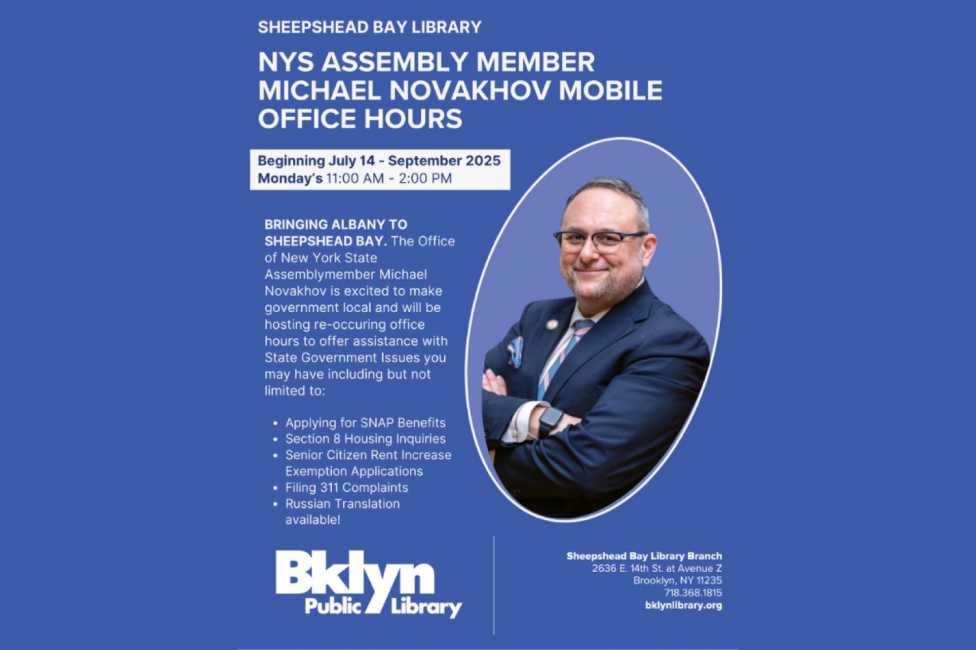 Assembly Member Novakhov Mobile Office Hours - Summer/Fall 2025, 21 July | Event in Breezy Point | AllEvents