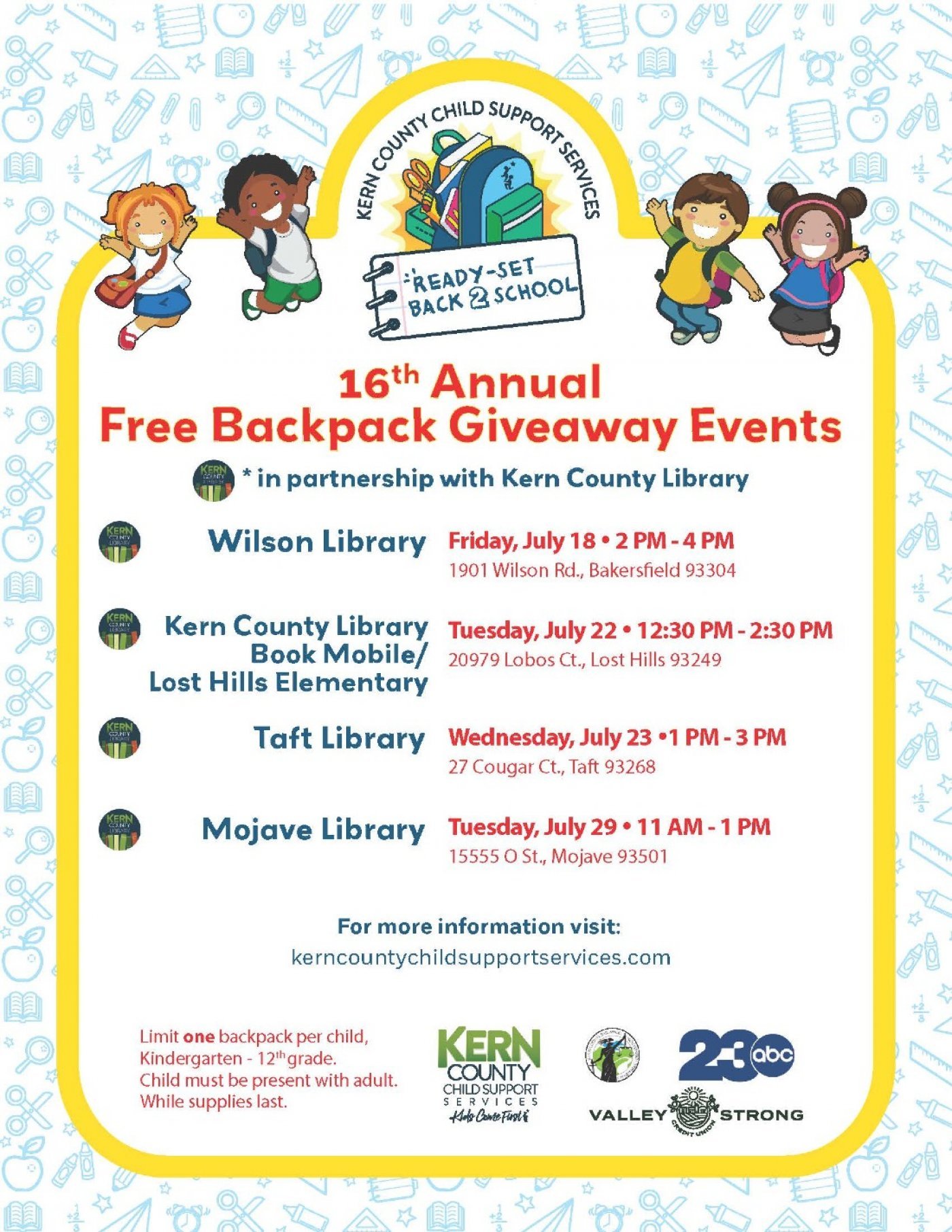 Ready-Set Back 2 School Backpack Giveaway Event at Wilson Library, 18 July | Event in Bakersfield | AllEvents