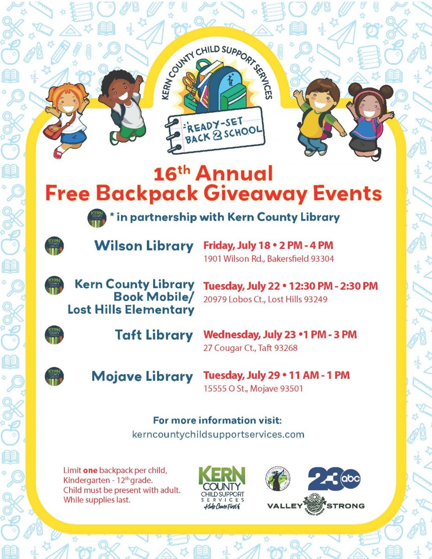 Ready-Set Back 2 School Backpack Giveaway Event at Lost Hills, 22 July | Event in Lost Hills | AllEvents