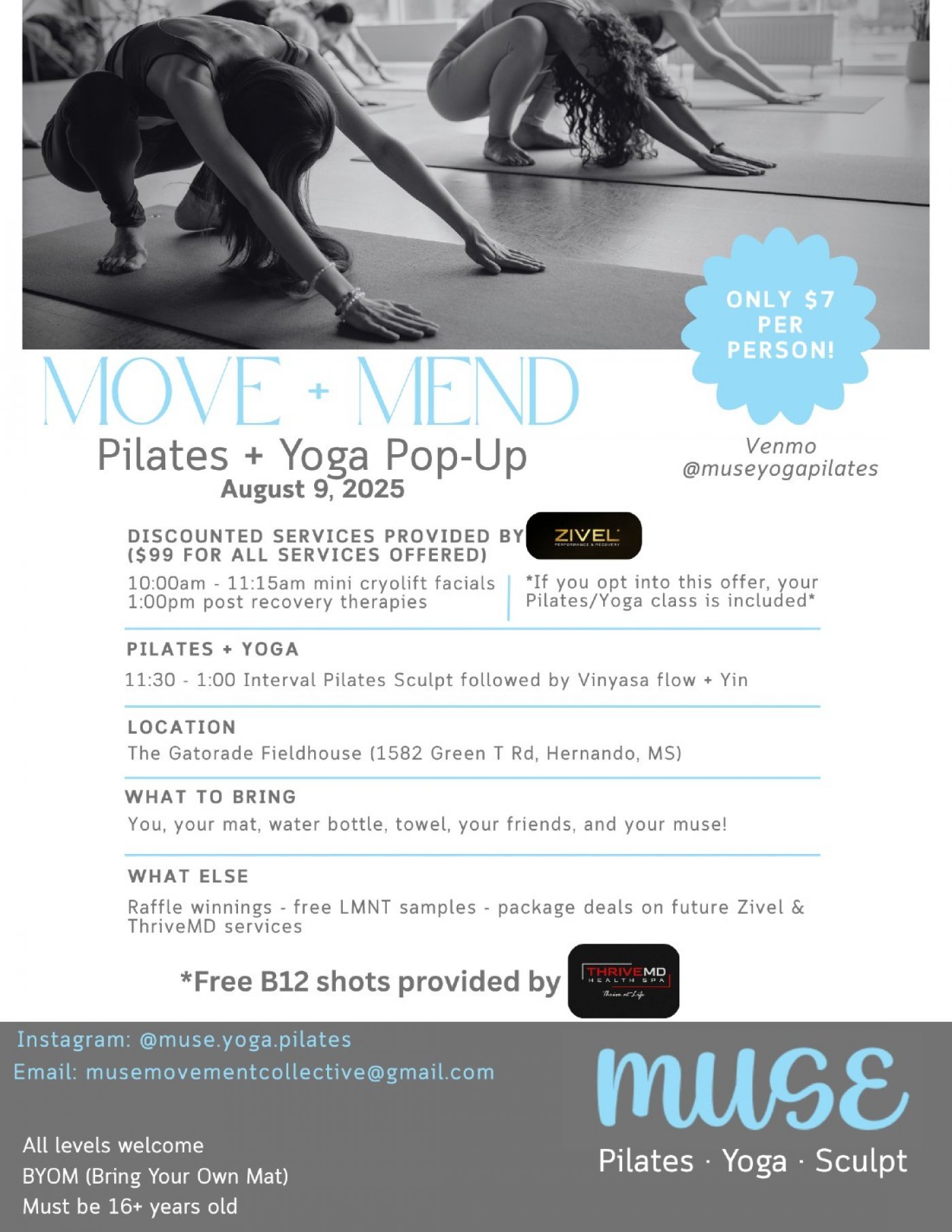 Move + Mend: Pilates/Yoga Pop-Up (Free B12 Shots, Discounted Spa Services, & Raffle), 9 August | AllEvents