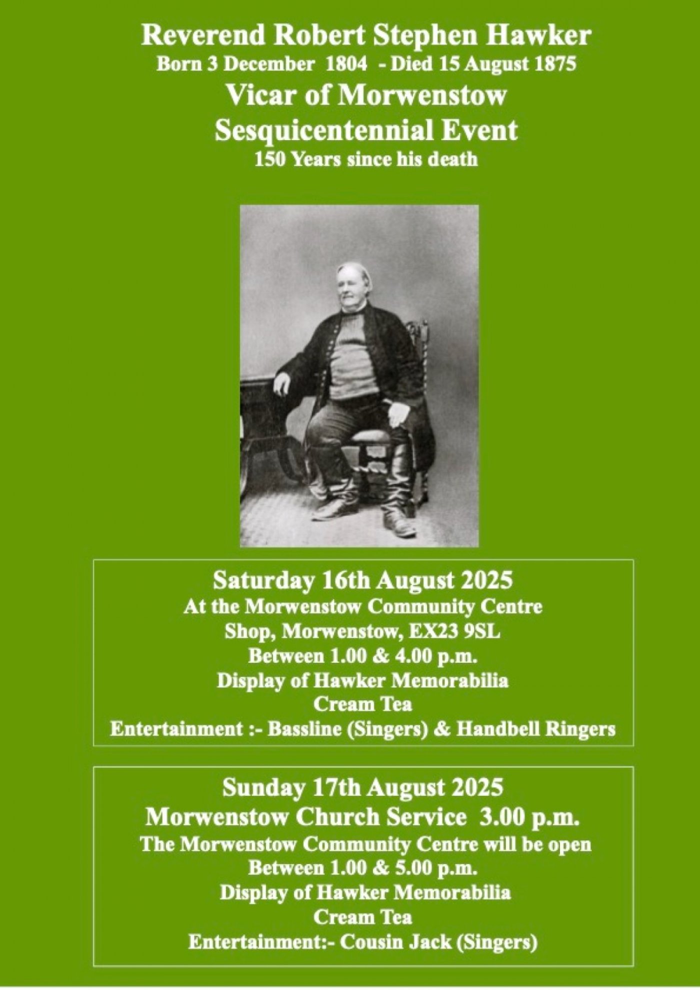 The Reverend Robert Stephen Hawker Commemorative 150 Years since his death in 1875, 16 August | Event in Bude