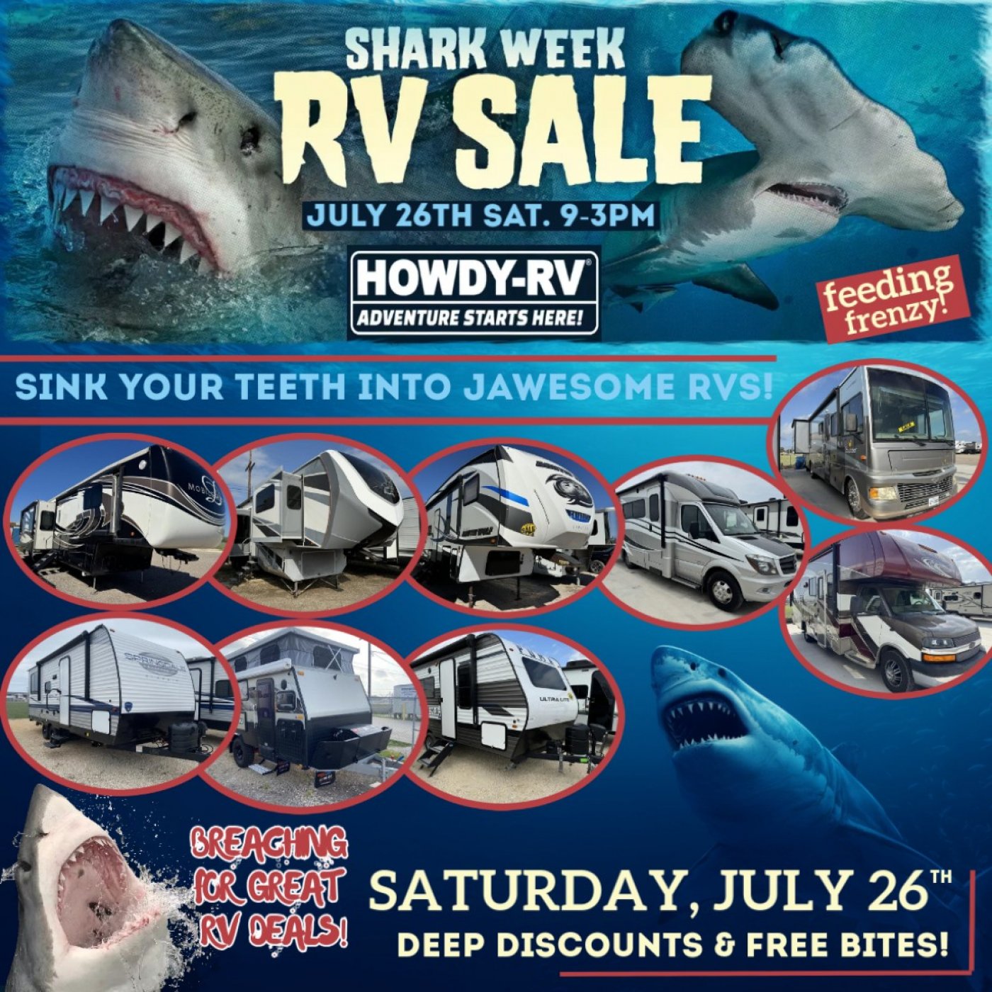 🦈 Shark Week RV Sale! Bite into Great RV Deals and FREE FOOD at Howdy RV Aransas Pass! | Event in Aransas Pass