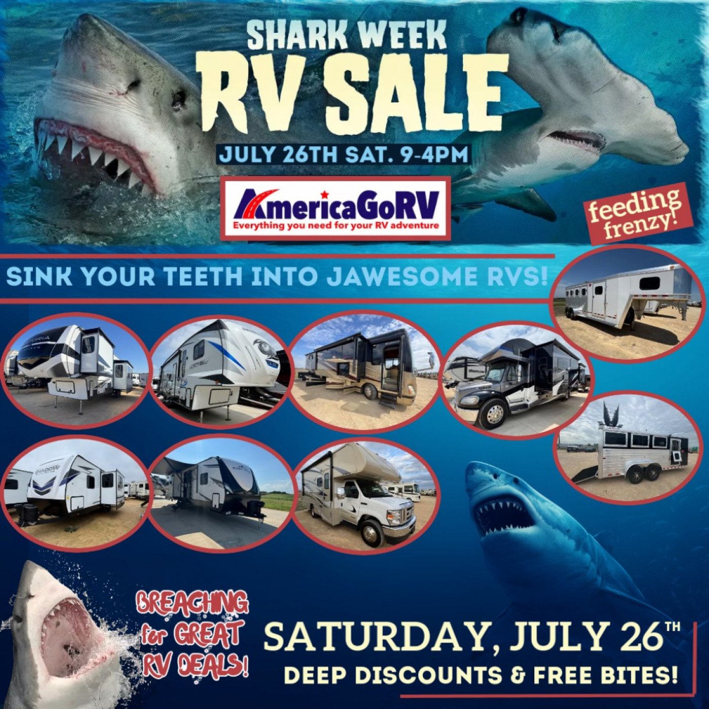 🦈 Shark Week RV Sale! Bit into Great RV Deals and FREE BBQ at AmericaGoRV in Seguin. | Event in Seguin