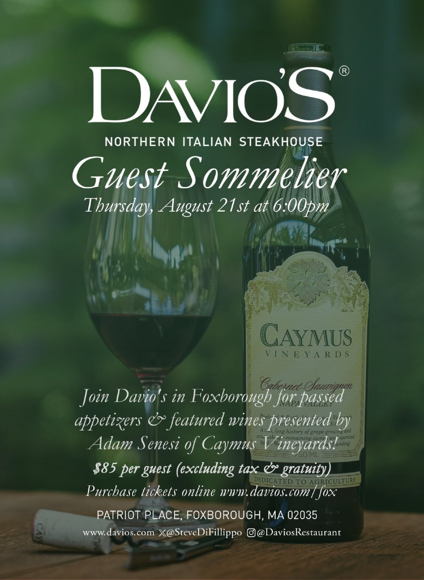 Guest Sommelier Event with Caymus Vineyards at Davio's Foxborough, 21 August | Event in Foxborough | AllEvents