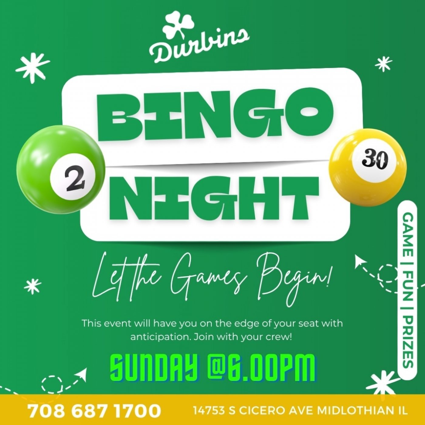 BAR BINGO Bash at Durbins! 🎯 SUN 6PM, 27 July | Event in Midlothian | AllEvents