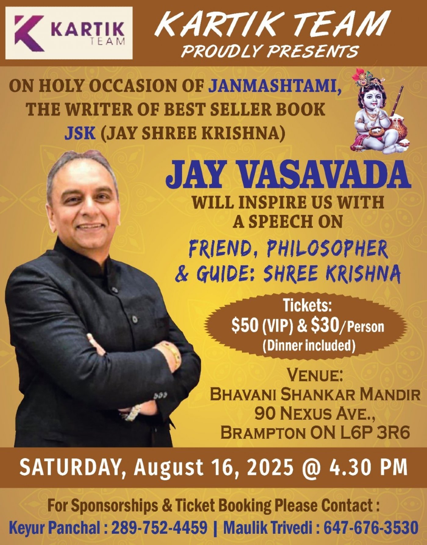 Jay Vasavada enlightening us on Friend, Philosopher & Guide- Shree Krishna, 16 August | Event in Brampton