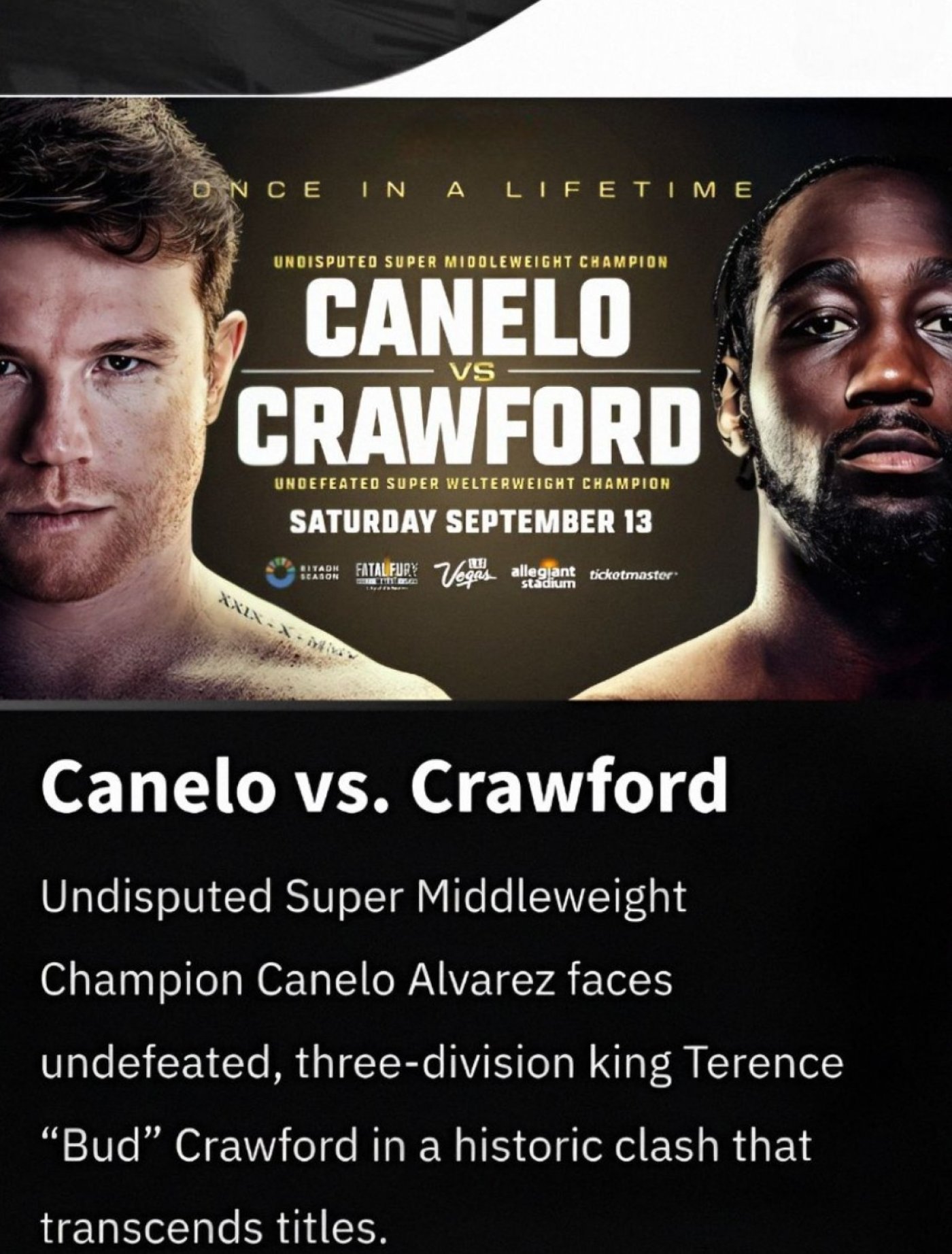 @tbudcrawford vs. @canelo FIGHT PARTY (OPEN BAR & BUFFET) BAR OPENS 2PM (ASK FOR SINGLES) ALWAYS TIP THE LADIES, 13 September