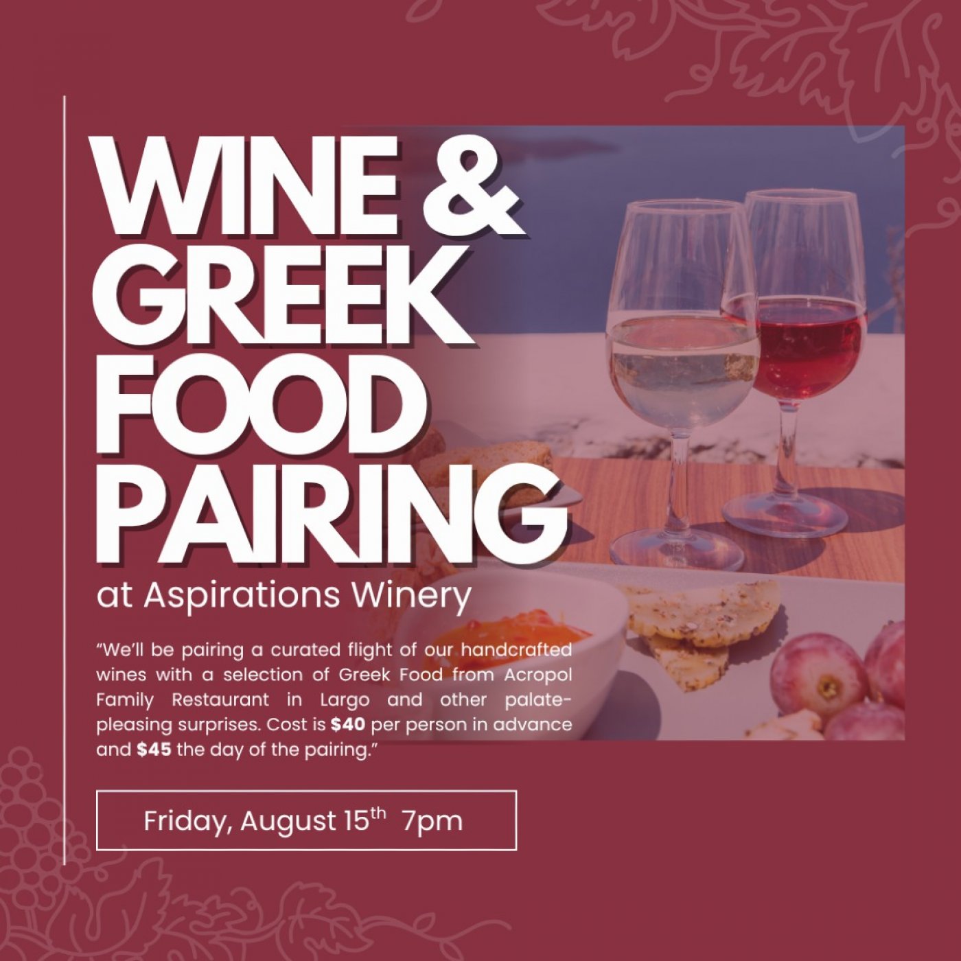 Wine & Greek Food Pairing at Aspirations Winery, 15 August | Event in Clearwater | AllEvents