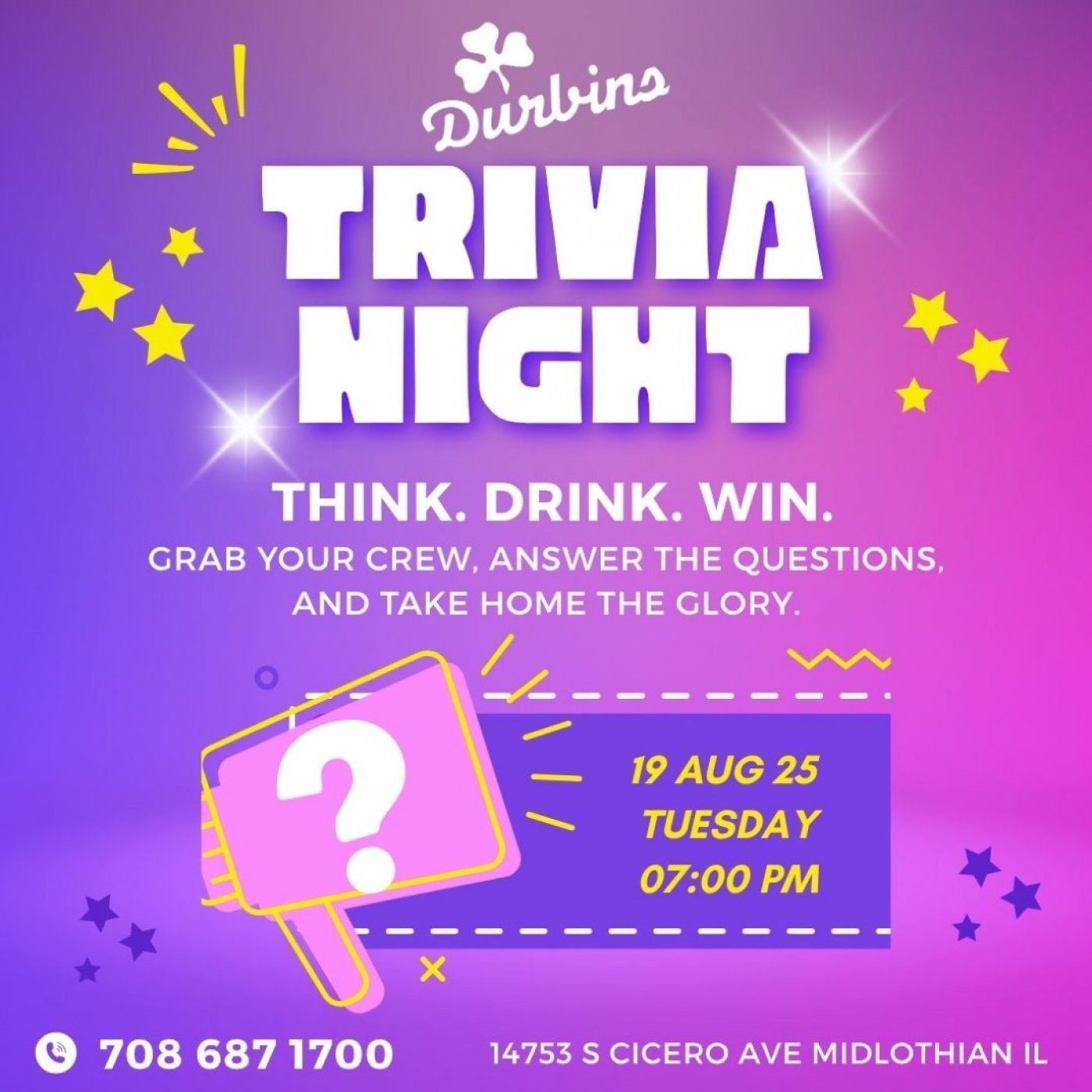 TRIVIA NIGHTS at Durbin’s! Tue @ 7PM, 19 August | Event in Midlothian | AllEvents
