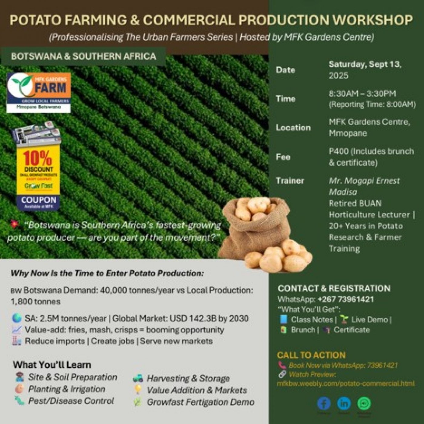 Potato Farming and Commercial Production Workshop, 13 September | Event in Gaborone | AllEvents