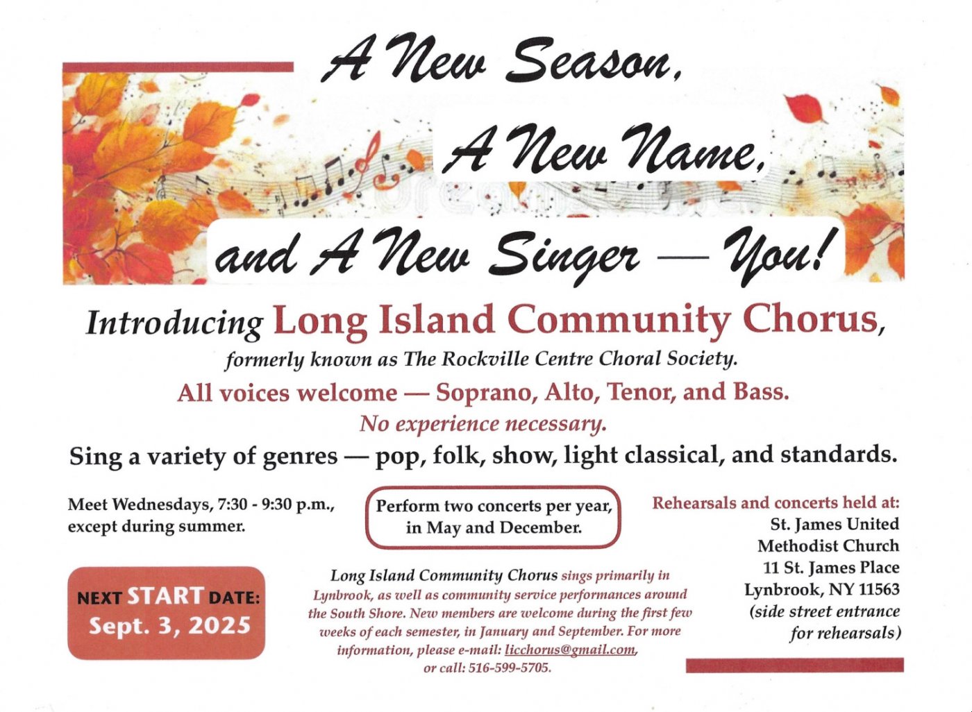 Long Island Community Chorus, Inc. (RVCCS) Rehearsal and auditions for December Concerts | Event in Lynbrook
