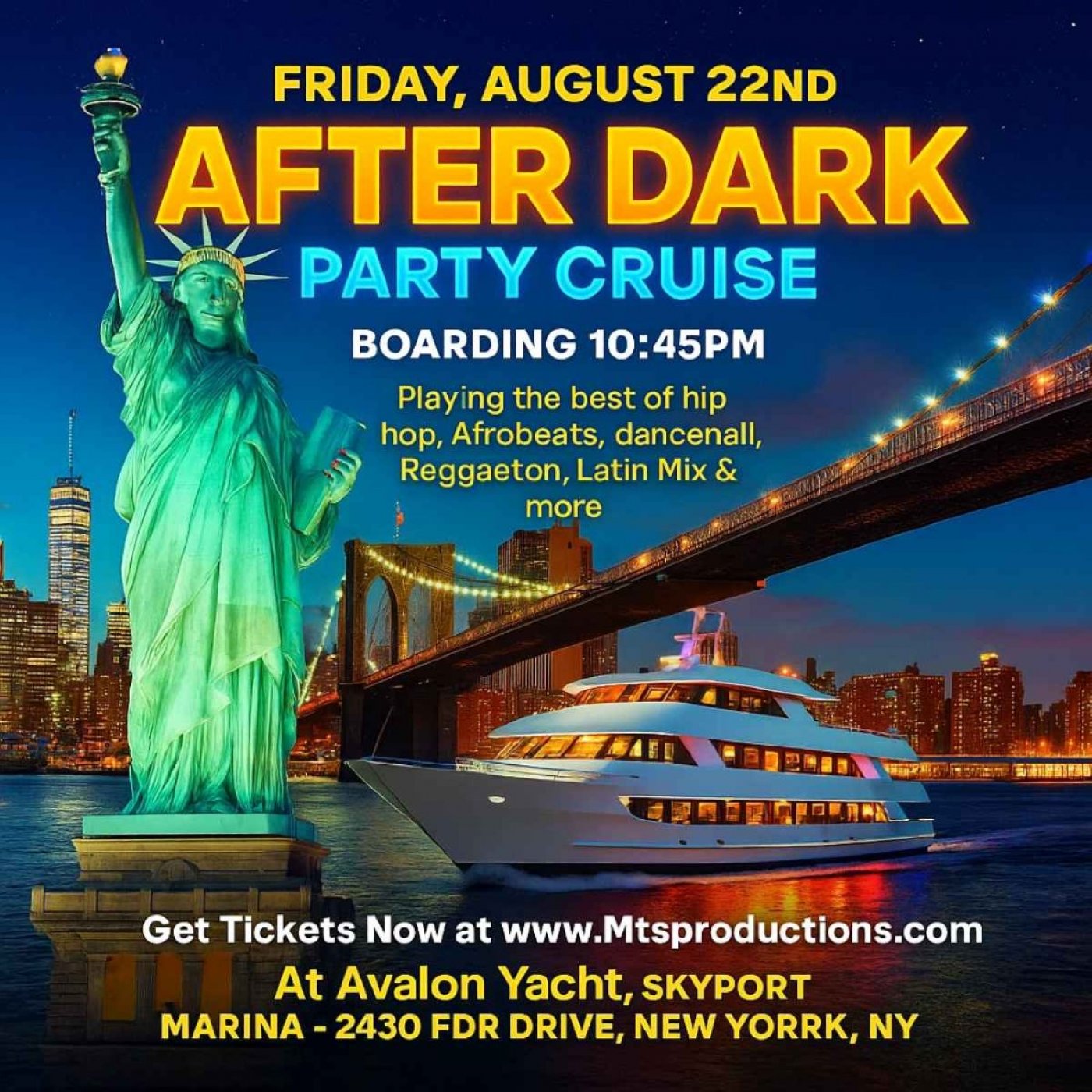 New York City After Dark Party Cruise – Friday, August 22nd | Avalon Yacht, 22 August | Event in New York