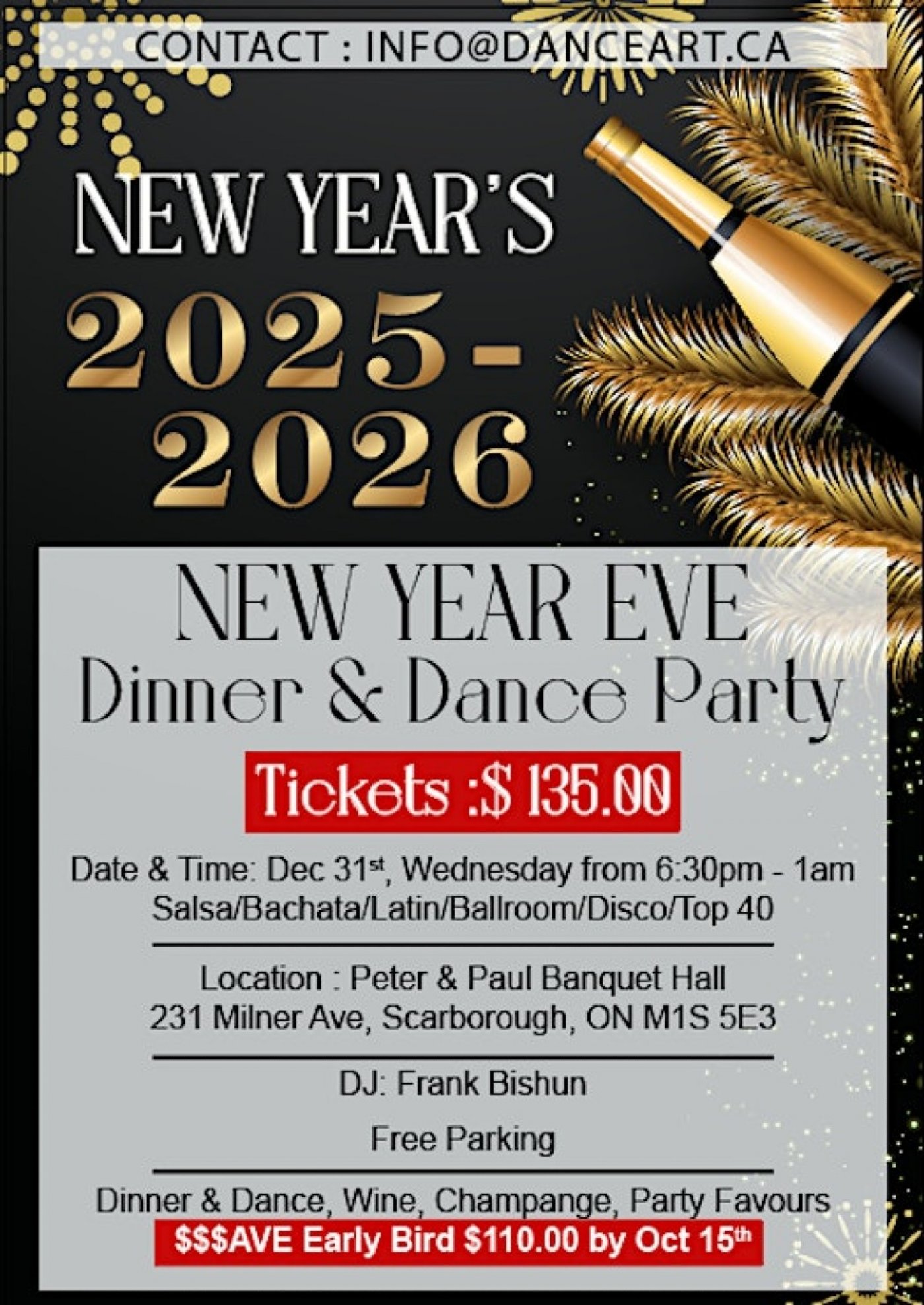 New Year's eve dinner dance Dec 31, 2025-2026 at Peter &amp; Paul Banquet Hall