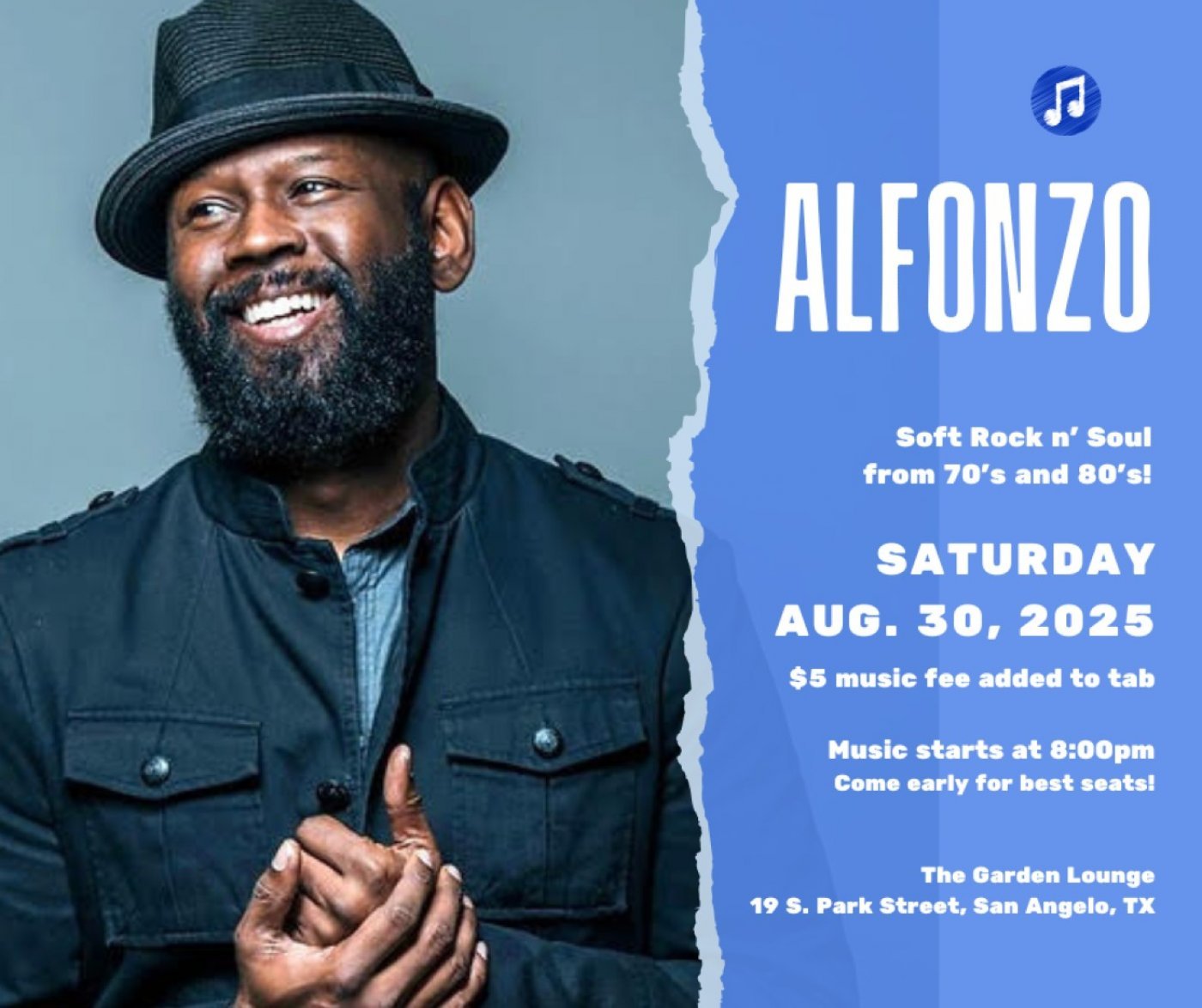 The Garden Summer Music Series Present Alfonzo aka  "Zo" | Event in San Angelo | AllEvents