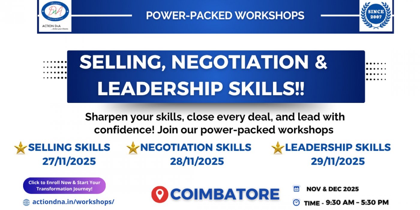 WORKSHOPS ON LEADERSHIP, SELLING & NEGOTIATION SKILLS IN COIMBATORE, 27 November | Event in Coimbatore