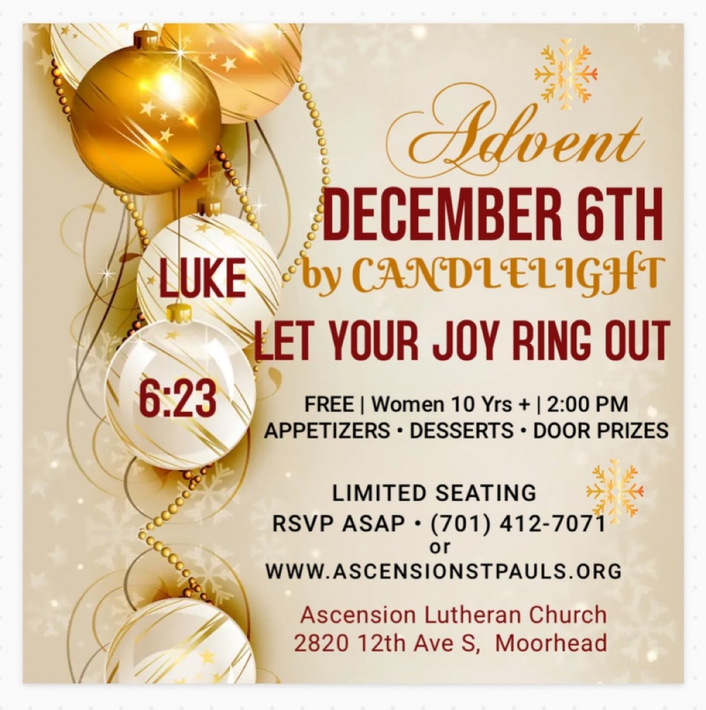 Free • Advent by Candlelight • December 6 at 2pm, 6 December | Event in Moorhead | AllEvents