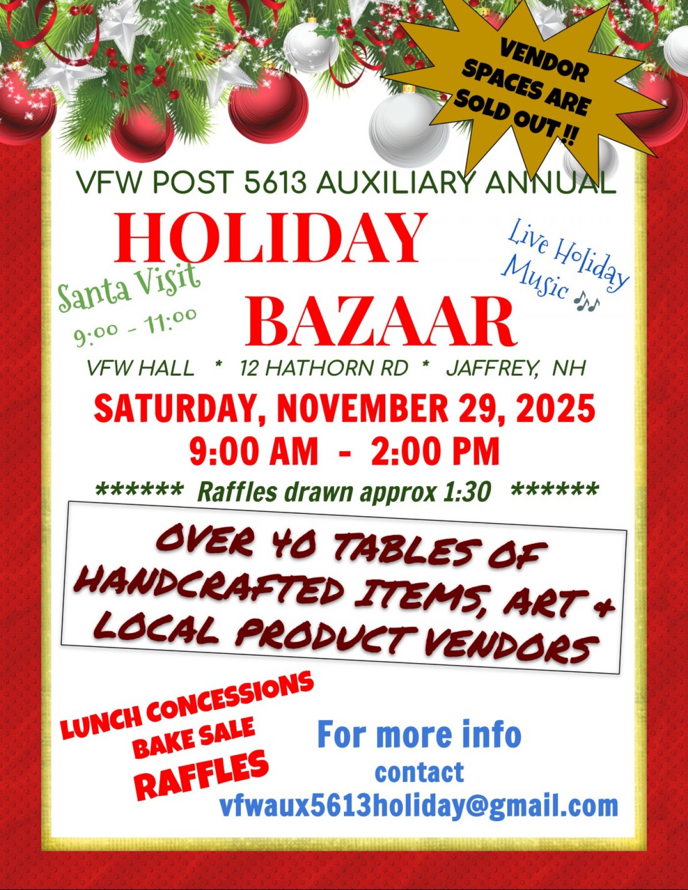 VFW AUXILIARY HOLIDAY BAZAAR 2025, 29 November | Event in Jaffrey | AllEvents