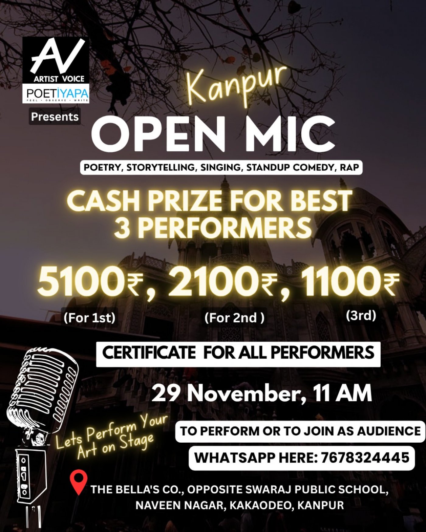 OPEN MIC IN KANPUR - Poetry, Storytelling, Singing, Standup Comedy - Events in Kanpur - Poetiyapa, 29 November