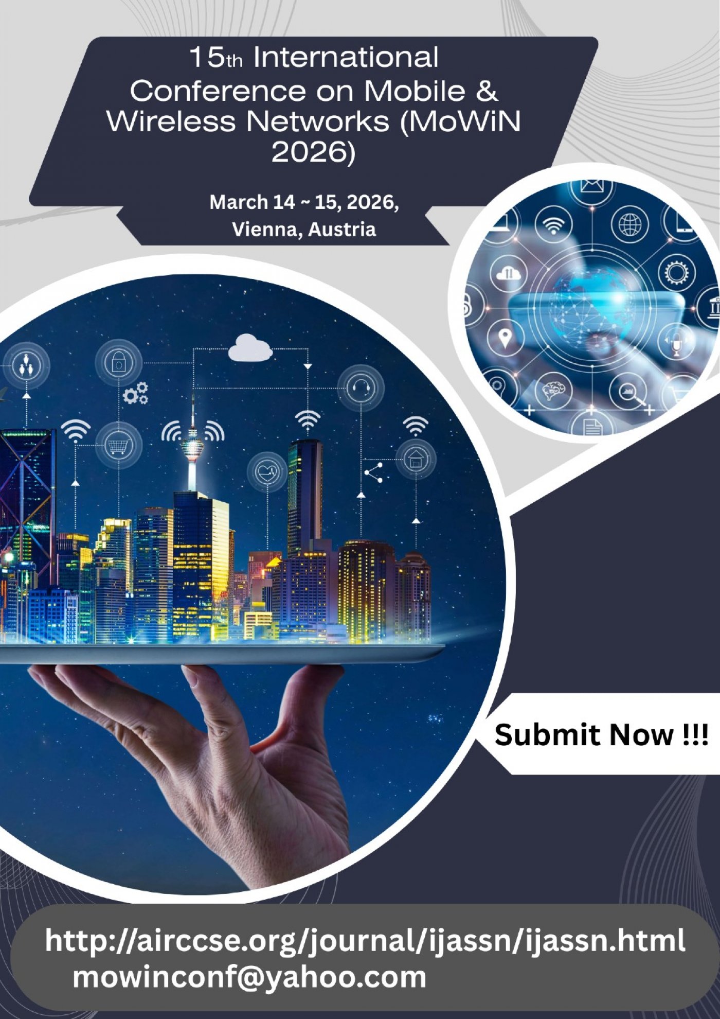 15th International Conference on Mobile & Wireless Networks (MoWiN 2026) , 13 March | Event in Vienna