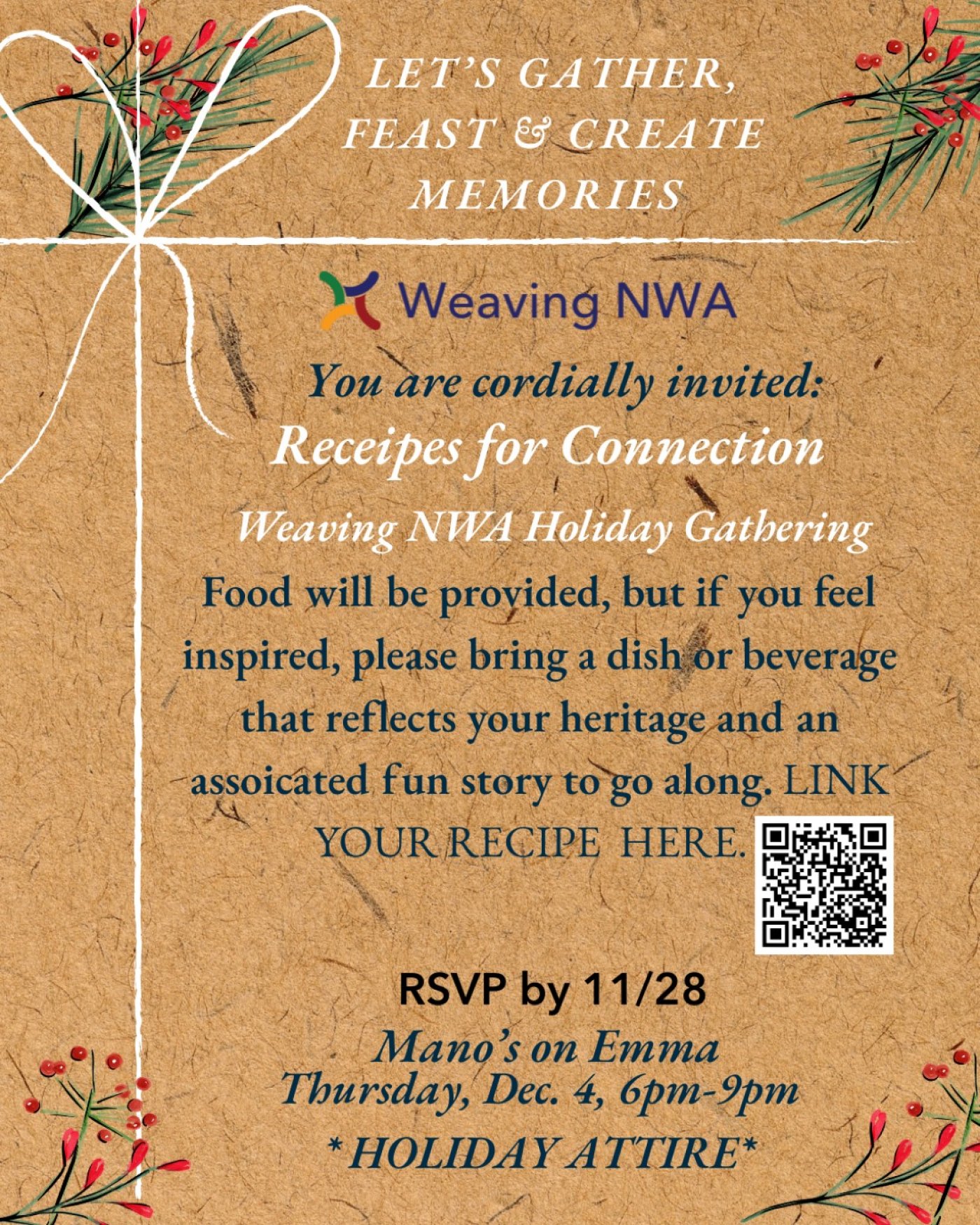 Weaving NWA Presents: Recipes for Connection- A Holiday Gathering, 4 December | Event in Springdale | AllEvents