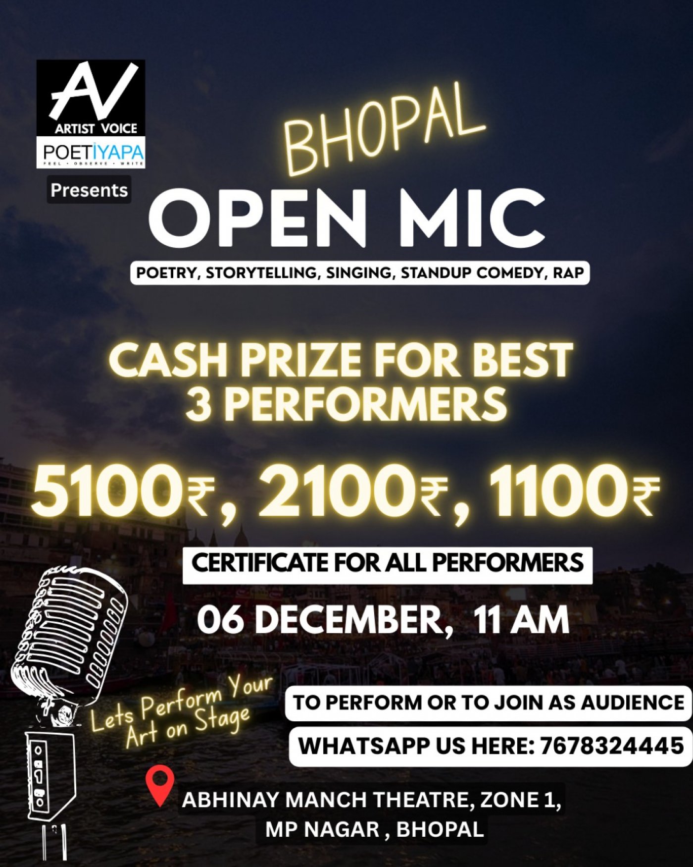 OPEN MIC IN BHOPAL - Poetry, Storytelling, Singing, Standup Comedy - Events in Bhopal - Poetiyapa, 6 December