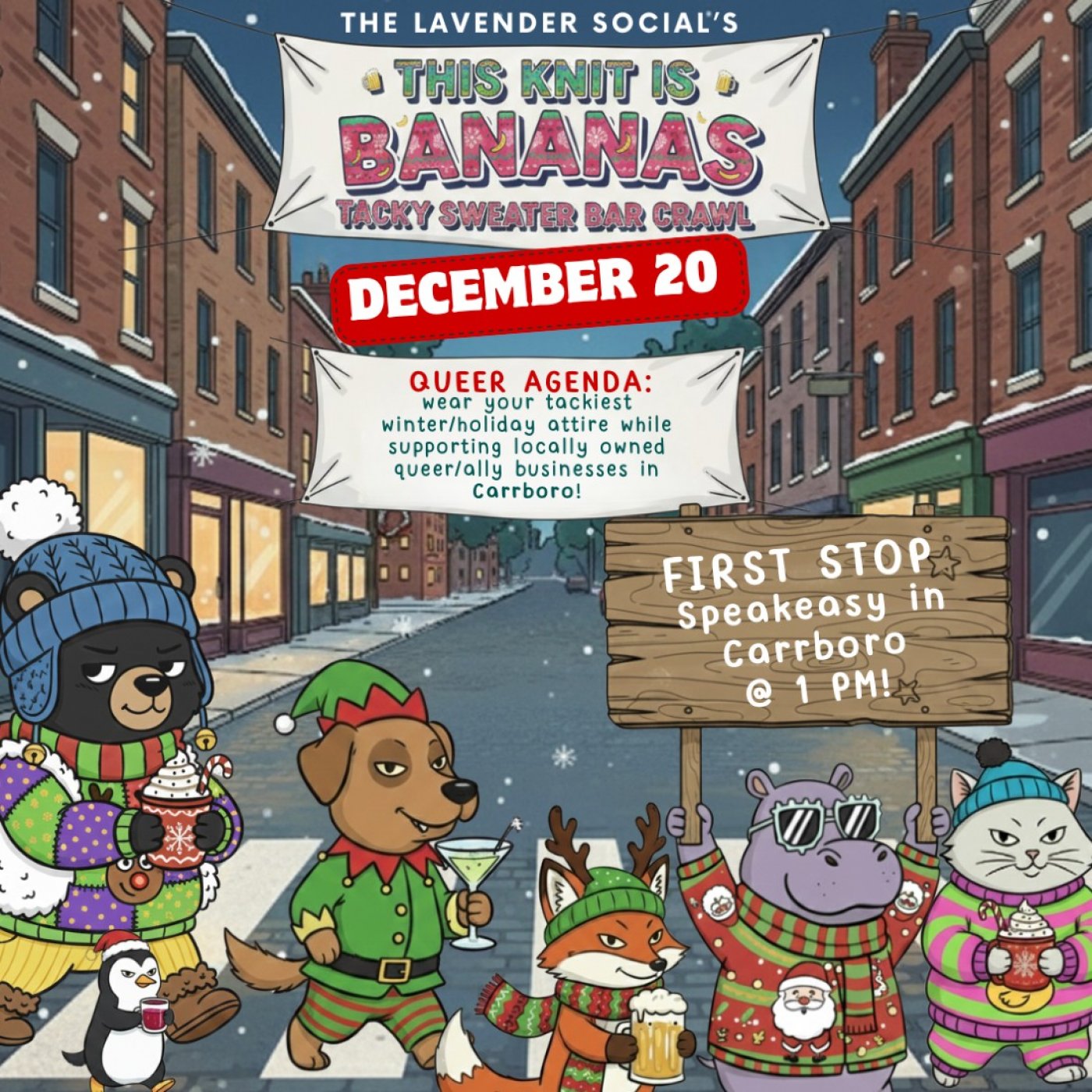 🍌 This Knit is Bananas: Tacky Sweater Bar Crawl 🍻, 20 December | Event in Carrboro | AllEvents