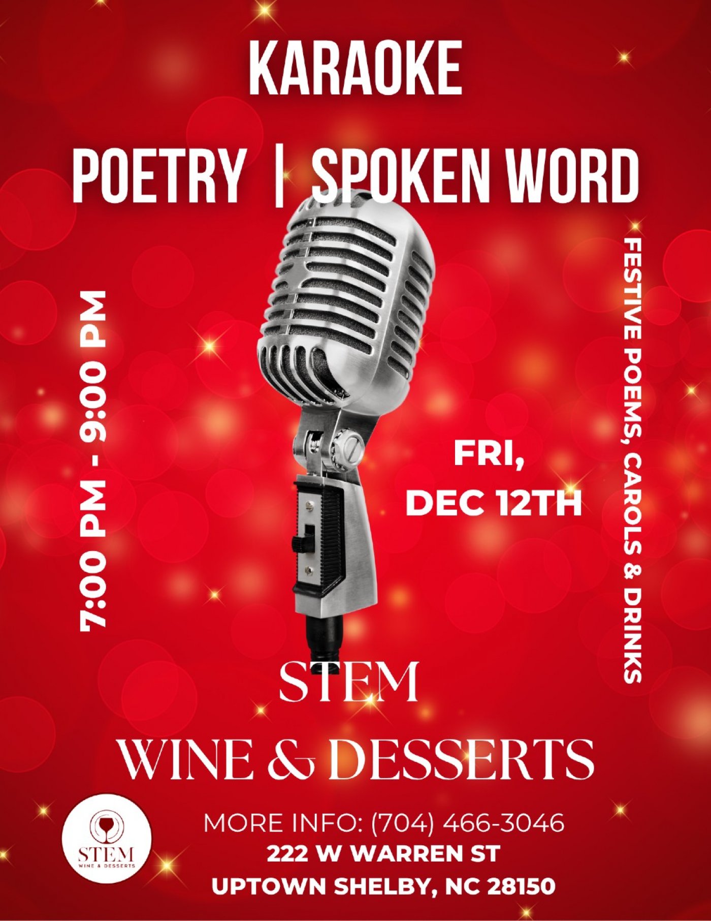 Karaoke | Poetry | Spoken Word @ STEM Wine & Desserts, 12 December | Event in Shelby | AllEvents