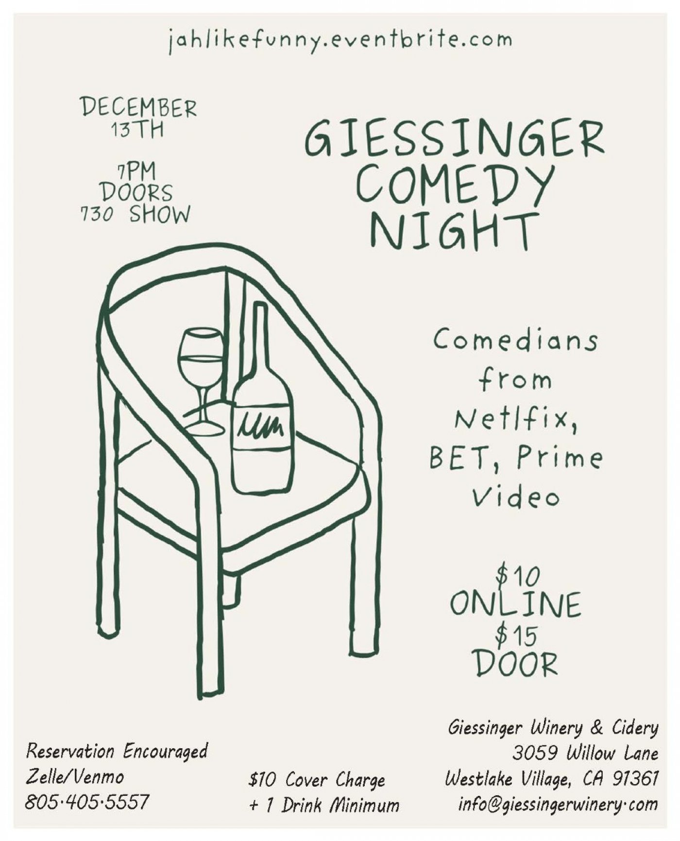 COMEDY NIGHT   Saturday December 13th at 7 pm    Giessinger Winery & Cidery, 13 December | Event in Westlake Village