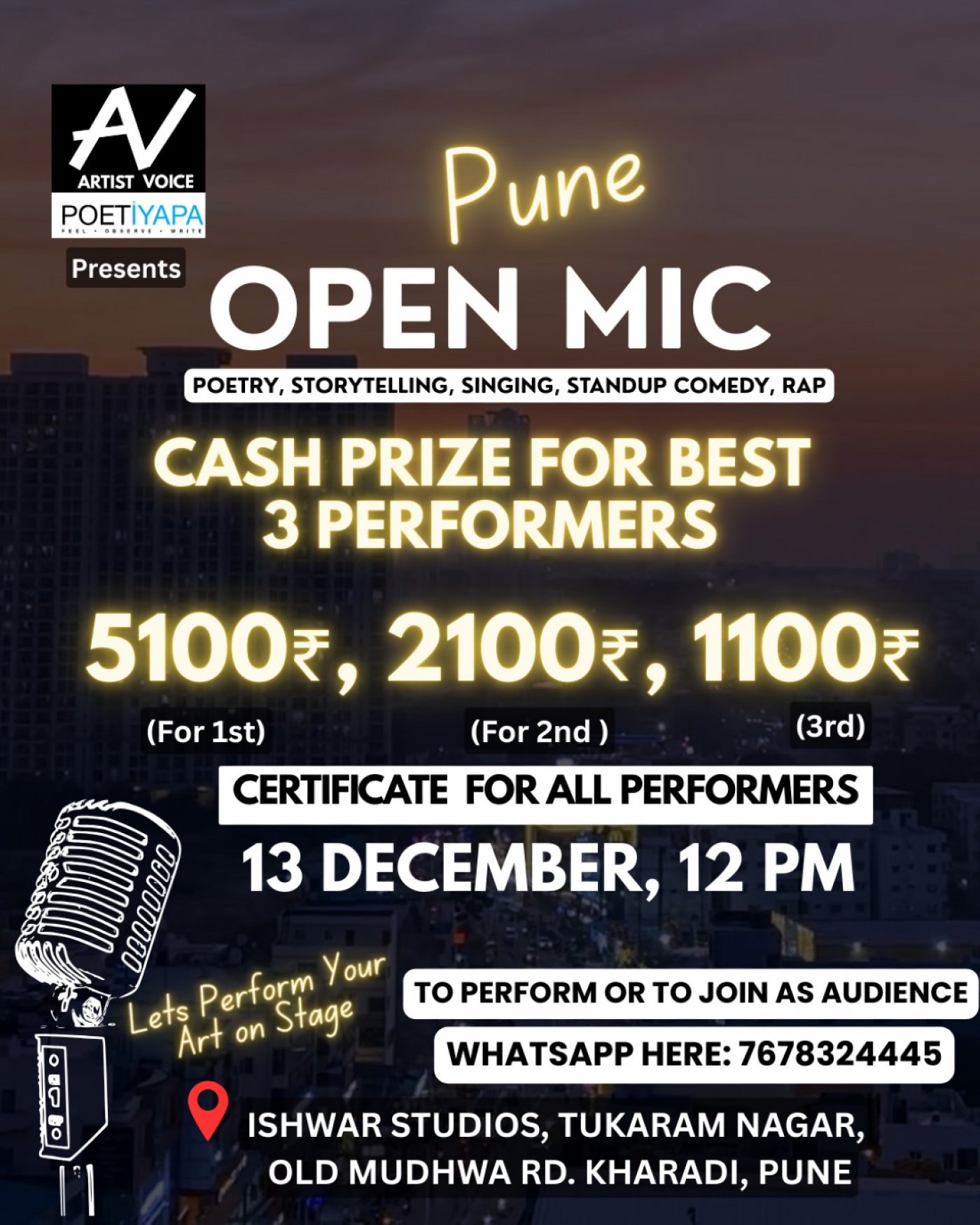 OPEN MIC IN PUNE - Poetry, Storytelling, Singing, Standup Comedy - Events in Pune - Poetiyapa, 13 December