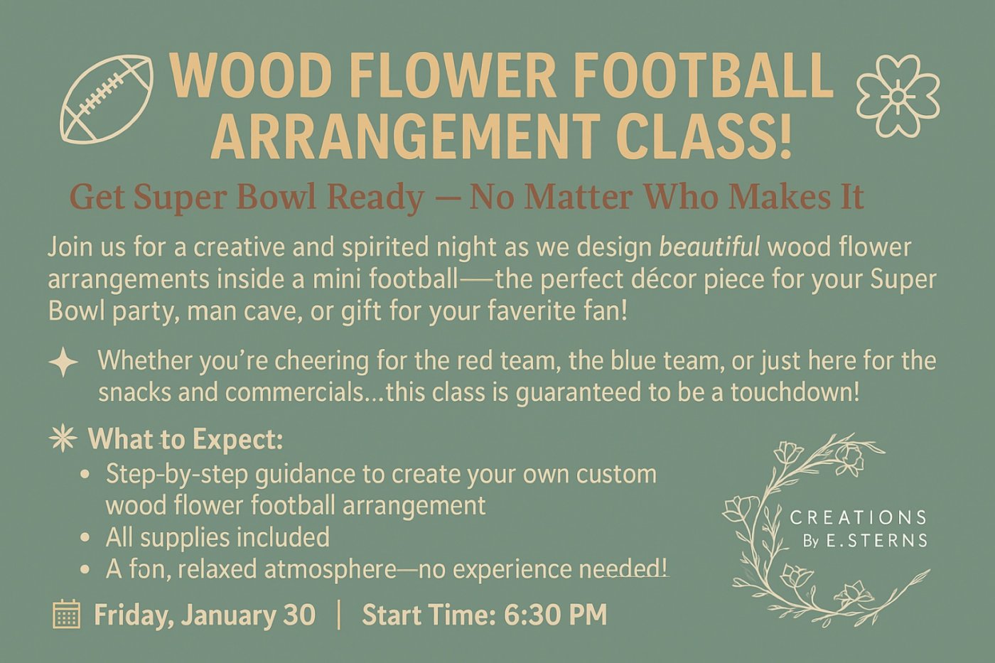 🏈🌸 Wood Flower Football Arrangement Class, 30 January | Event in Plainville | AllEvents