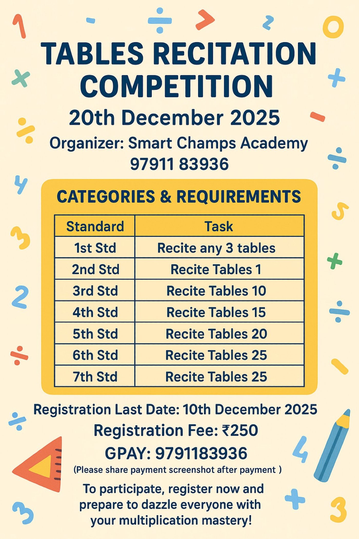 TABLES RECITATION COMPETITION 2025, 20 December | Event in Chennai | AllEvents