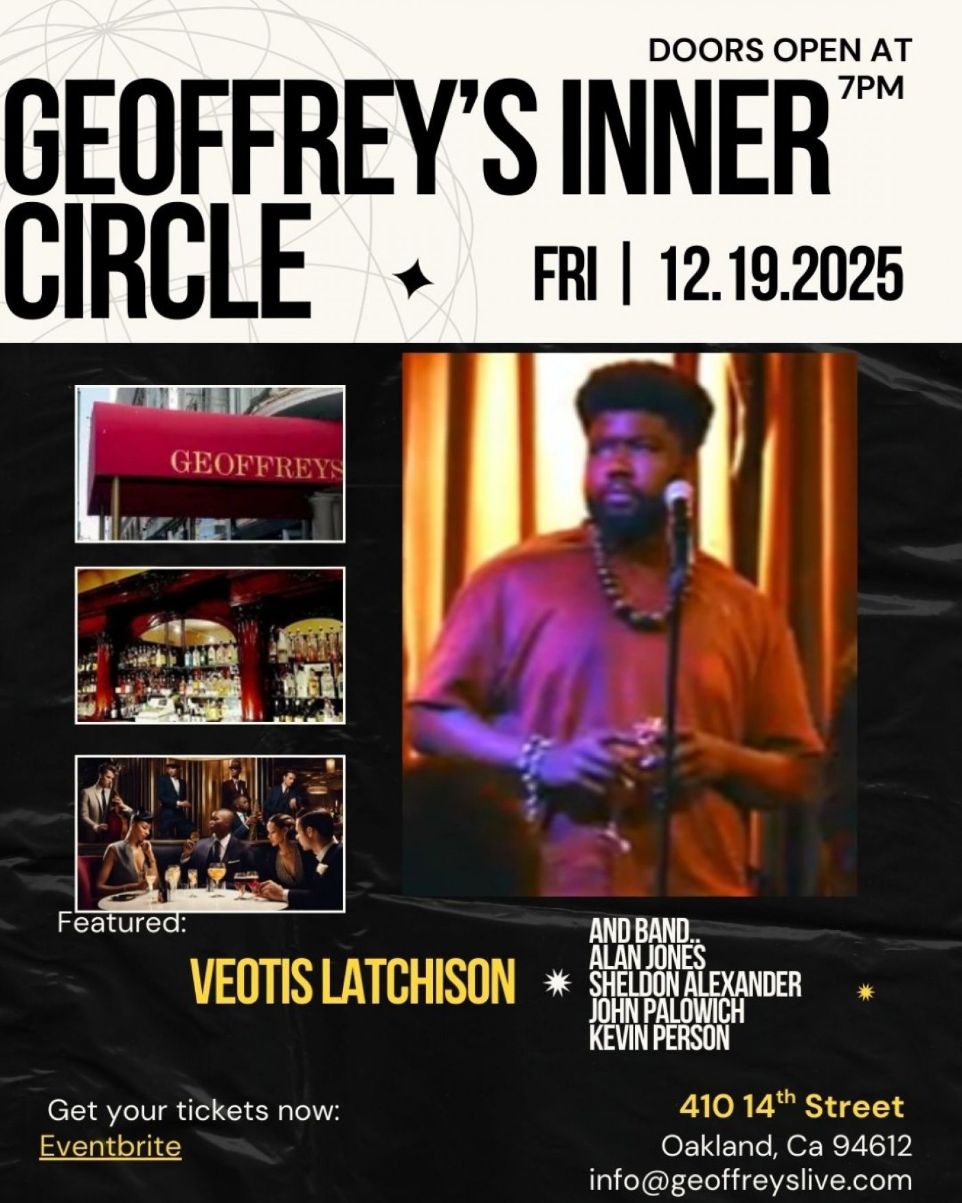 Geoffrey’s Inner Circle Presents: VEOTIS LATCHISON Live | Friday, December 19th, 2025, 19 December | AllEvents