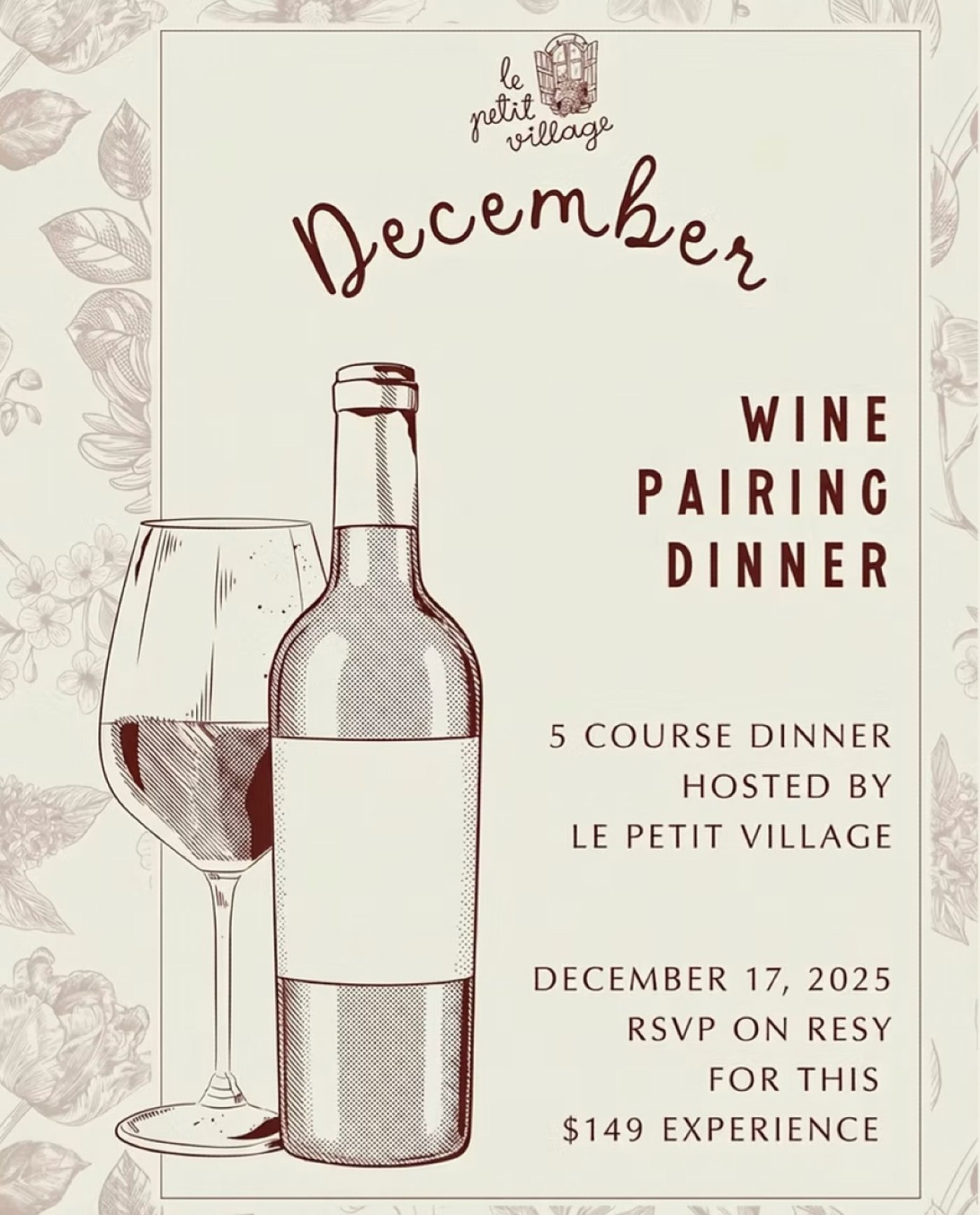 Wine Pairing Dinner at Le Petit Village on 12/17, 17 December | Event in New York | AllEvents