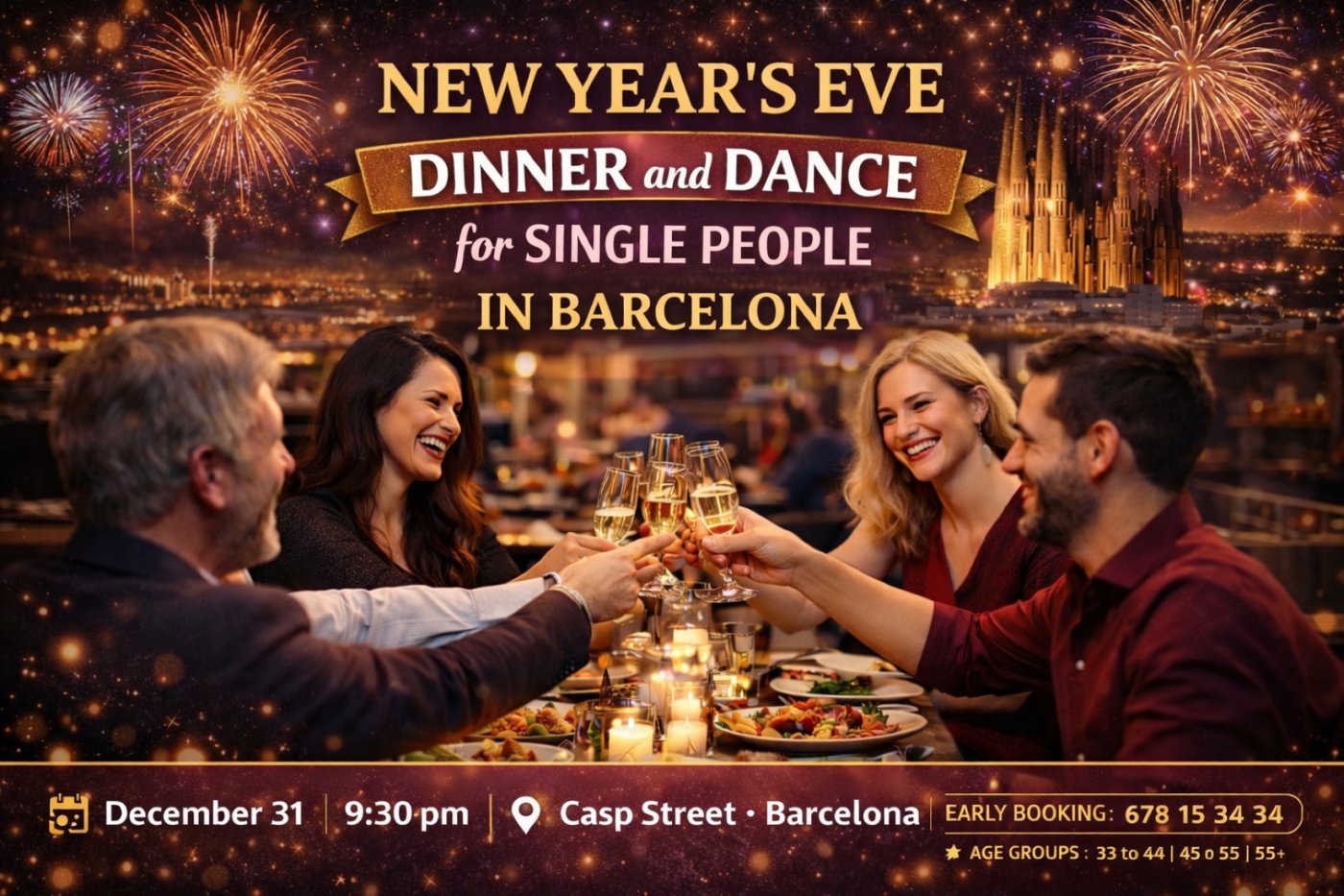 BIG NEW YEARS EVE DINNER and DANCE for SINGLE PEOPLE in BARCELONA